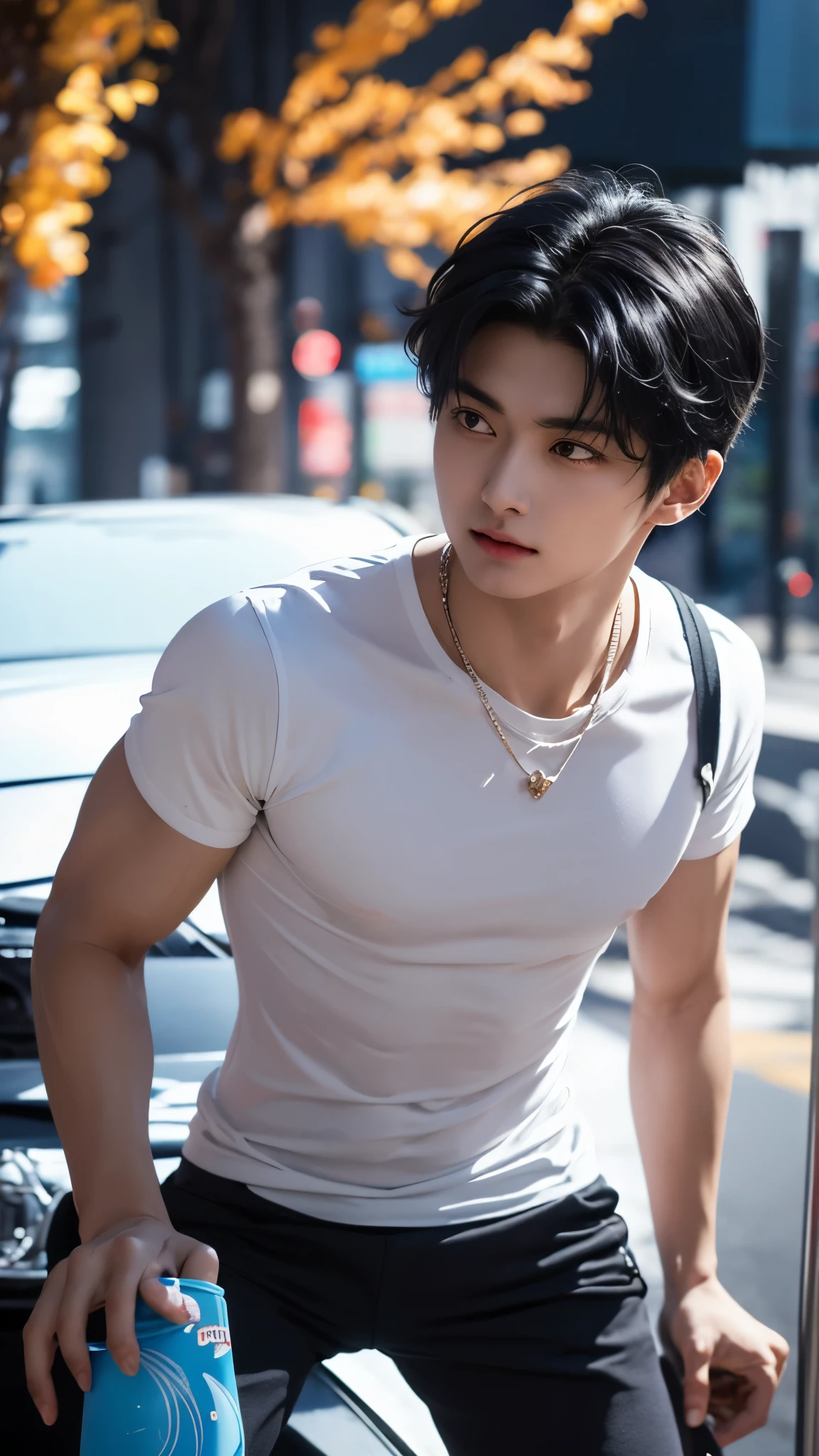"Enjoy a visual feast as you witness the astonishing transformation of handsome 20 year old Saitama wearing a t-shirt and shorts. a creature of unparalleled strength and captivating aura. With cropped black hair Brilliant personality and piercing beautiful eyes, this energetic person will surprise you."
