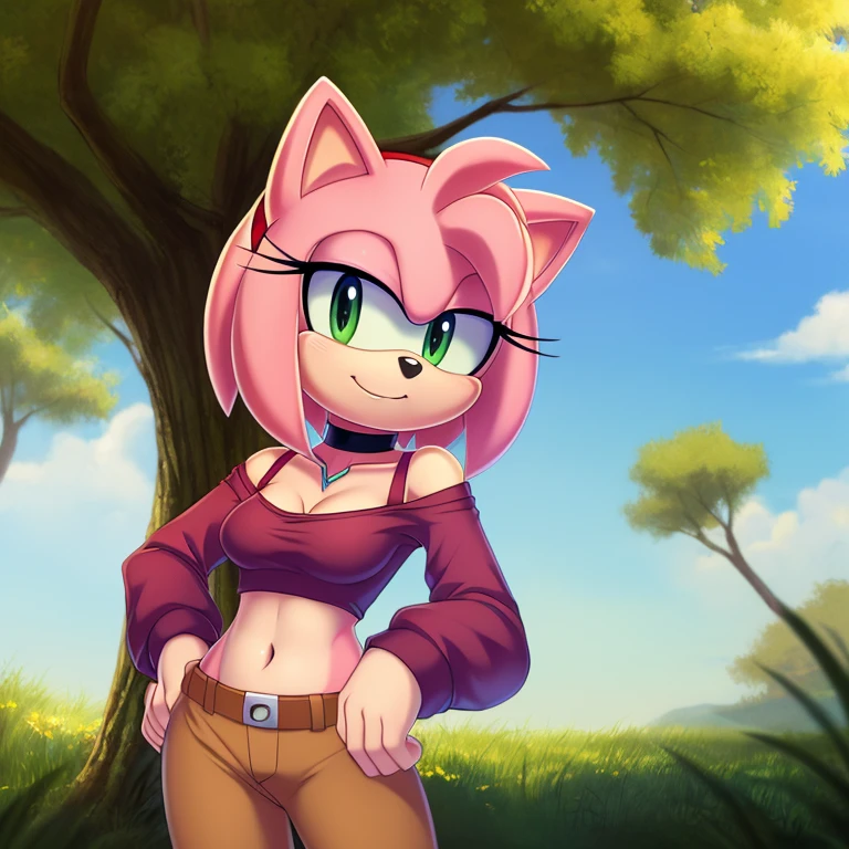 (((Amy Rose))), pink fur, green eyes, short wavy hair,1girl, solo, jewelry, looking at viewer, navel, choker, shirt, outdoors, midriff, piercings, pants, crop top, hand in pocket, blush, long sleeves, collarbone, brown pants, necklace, cowboy shot, off-shoulder shirt, black choker, off shoulder, red shirt, sky, breasts, cloud, bra strap, by Akami Mirai, (((anime art style))), (((masterpiece))), (((4k))), (((professional quality))), (((correct anatomy))), (((vibrant colours))), (((high quality)), (((HD)))