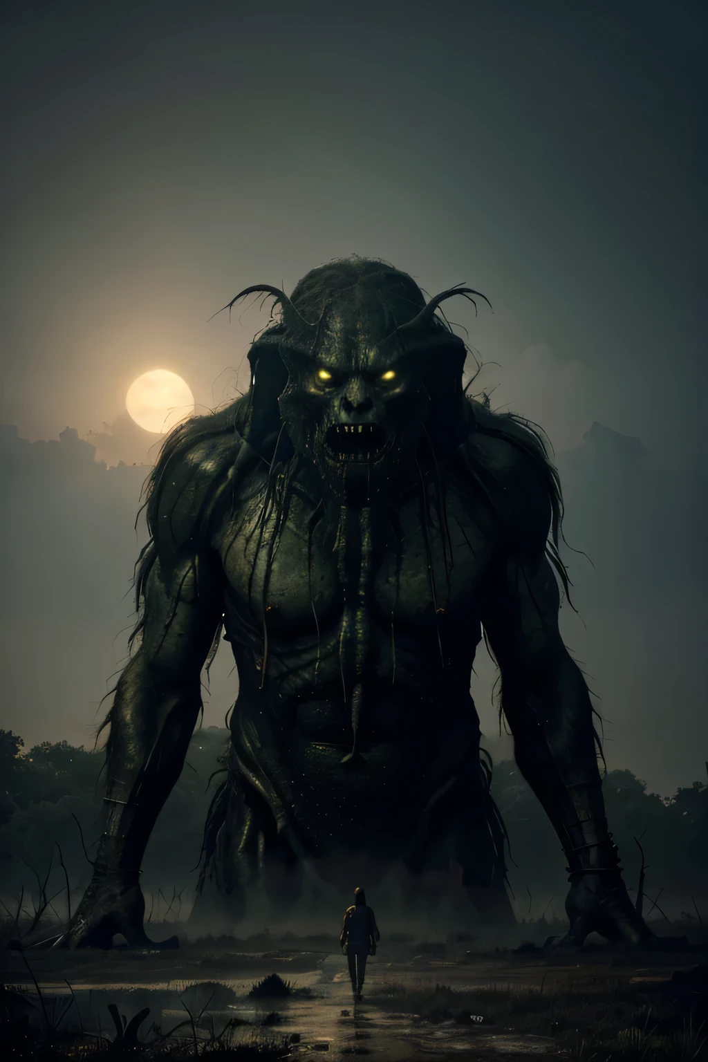 A giant swamp demon crawled out, haze, detailed, Complex roots, Horror, Wide Shot、There are only a few trees visible in the distance where visibility is poor.、Kappa-like monster、The face is unusually large