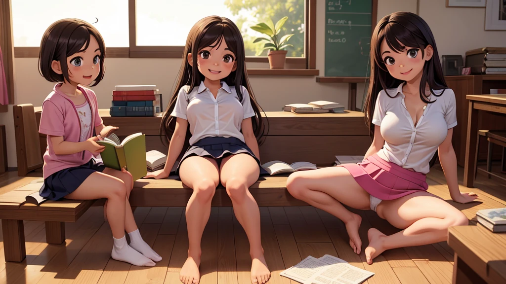 Ultra realistic 7 , three girls, obra maestra, mejor calidad, alta calidad, defined, detailed, HD, (piel morena), ojos definidos, ojos cafes intensos, long eyelashes, small mouth, sonrisa, :D, very long hair, pelo liso, pelo oscuro, cuerpo reducido, bosom barely contained, big breasts, sexy, posando foto, estudio, mini skirt rosa, sin sostenes, no bra, excitada, pezones erectos, libros, sentada, leyendo, nice view, full body, nice body, pink, camisa blanca, camisa ajustada, abierto, mojada, sudada, caliente, tight, sonrojada, nice legs, no socks, sin flequillo, peinada hacia atras, teacher big breasts, pose lasciva, girl changing clothes, petites, no skirts, horny, one prettiest, one de espaldas, mostrar culo, teach book, laying down