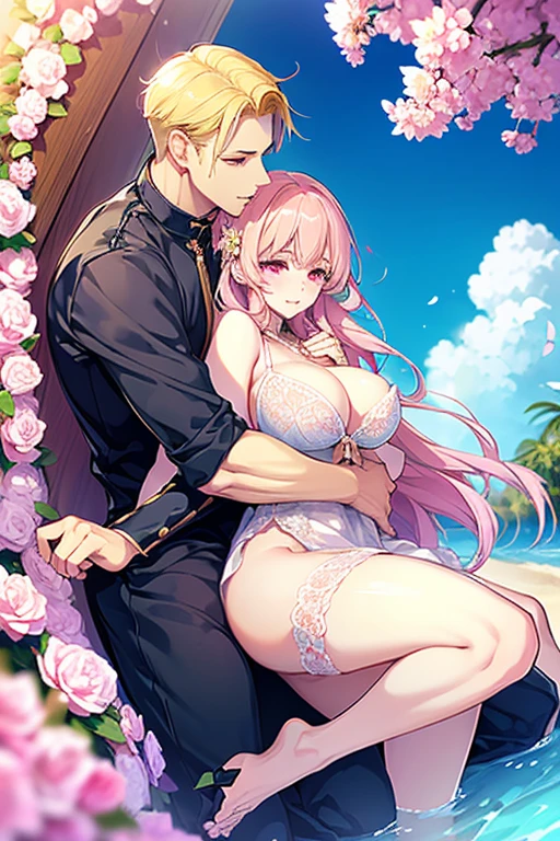 kiss、Couple、lover、Romance、Overflowing、Full body paint、Shaking breasts、Sheer lace underwear、Remove underwear、Nipples、Nipplesが透ける、ピンクNipples、Pink areola、clitoris、Interstrand、Coupleポーズ, Attractive pose, kissing together cutely, Passionate pose, 素敵なCouple, 1 male,(Blonde, Golden Eyes、expensive、190cm、manly、Handsome、Beautiful shape、Best Style、Beautiful Prince,Strong Body、Sexy Costumes、expensive、wet gown、Open chest、Flowing)、1 female(Pink Hair,Straight Long Hair、Pink Eyes、Cute big eyes,優しいLaughter、Decorate your hair with flowers、、huge tit、Best Style、Perfect Style、rise)、Put your arms around her waist、hug、Grab the waist、araffe woman in a white lingerie posing for a picture, lingeries beauty, wearing sexy lingerie, , Translucent dress, Translucent body, iridescent shiny sheer lingerie, Sexy Dress, wavy lingeries, Smooth, transparent white skin, lingerie, Beautiful and sexy woman photos, Sexy Style, Lovely lady, Transparent dress, V-shaped clothing with an open neckline, Young and elegant、squirt、Splash、spring, Sunny day in the park, Bright sunny day、Bright sunny summer day,blue sky、Shine、about、Shine湖、Crystal clear water、Bright sunShine、Colorful flowers、Surrounded by flowers、Close Contact、Laughter、smile、Kind eyes