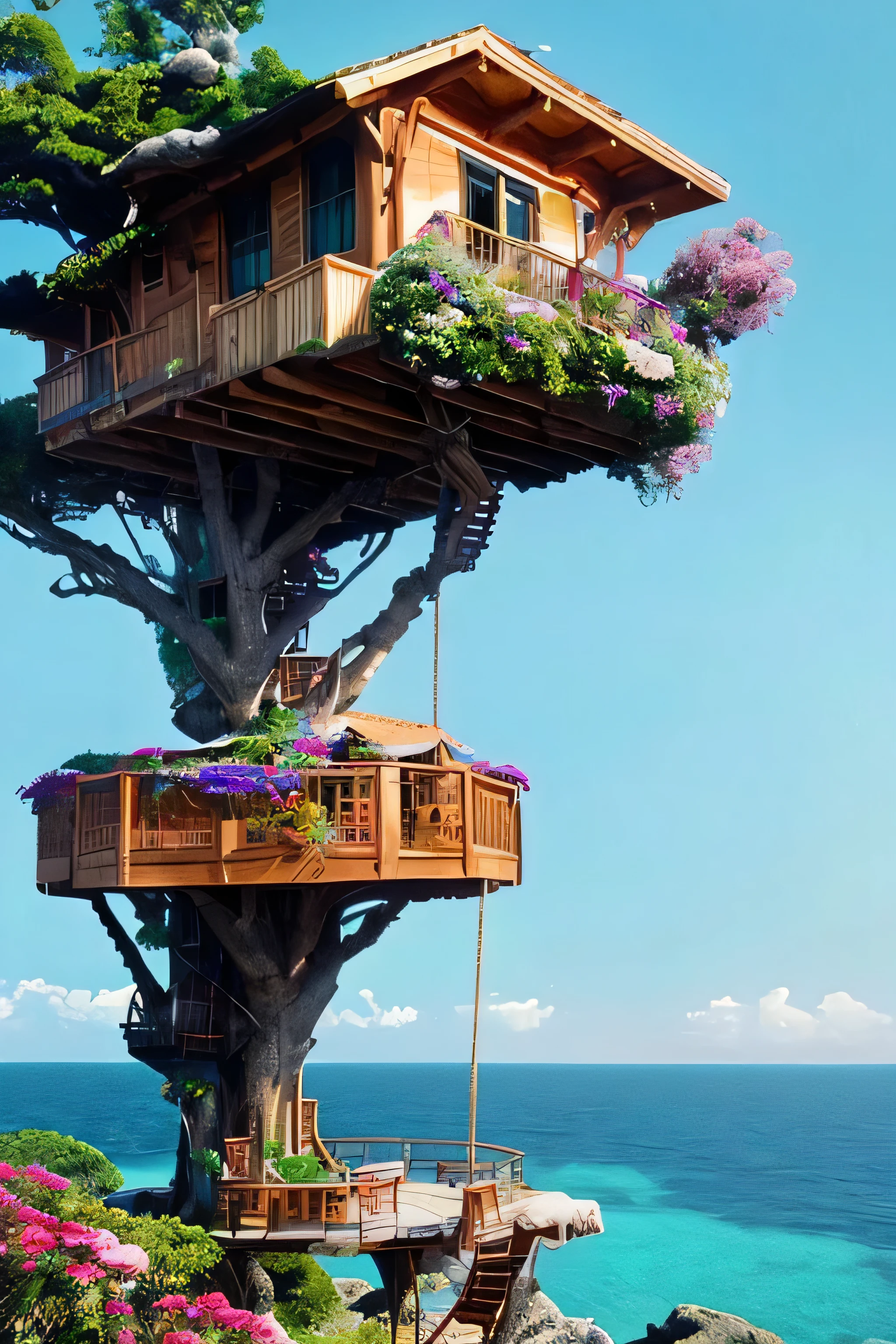 Perfection The Coolest tree house on a large rock in the middle of the sea with flowers in front of the house and trees on both sides of the house
