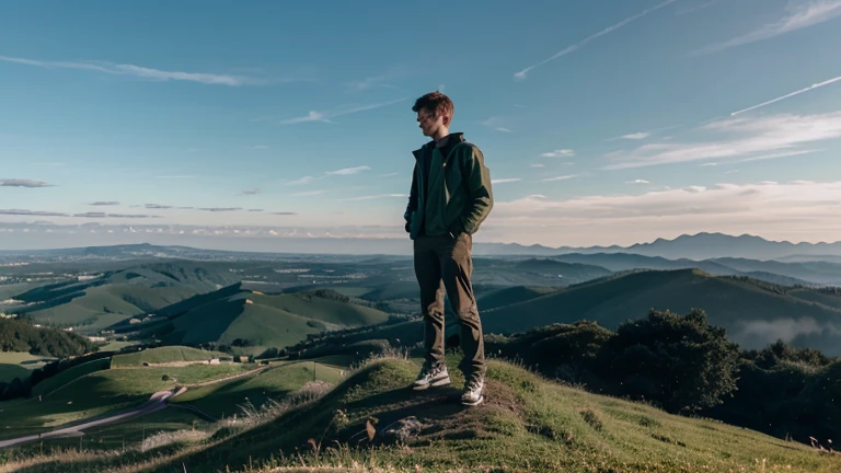 A 18 boy standing on the top of a green mountain in lofi
