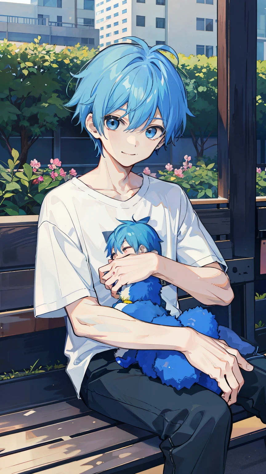 1 boy, blue hair, whole body, gentle smile