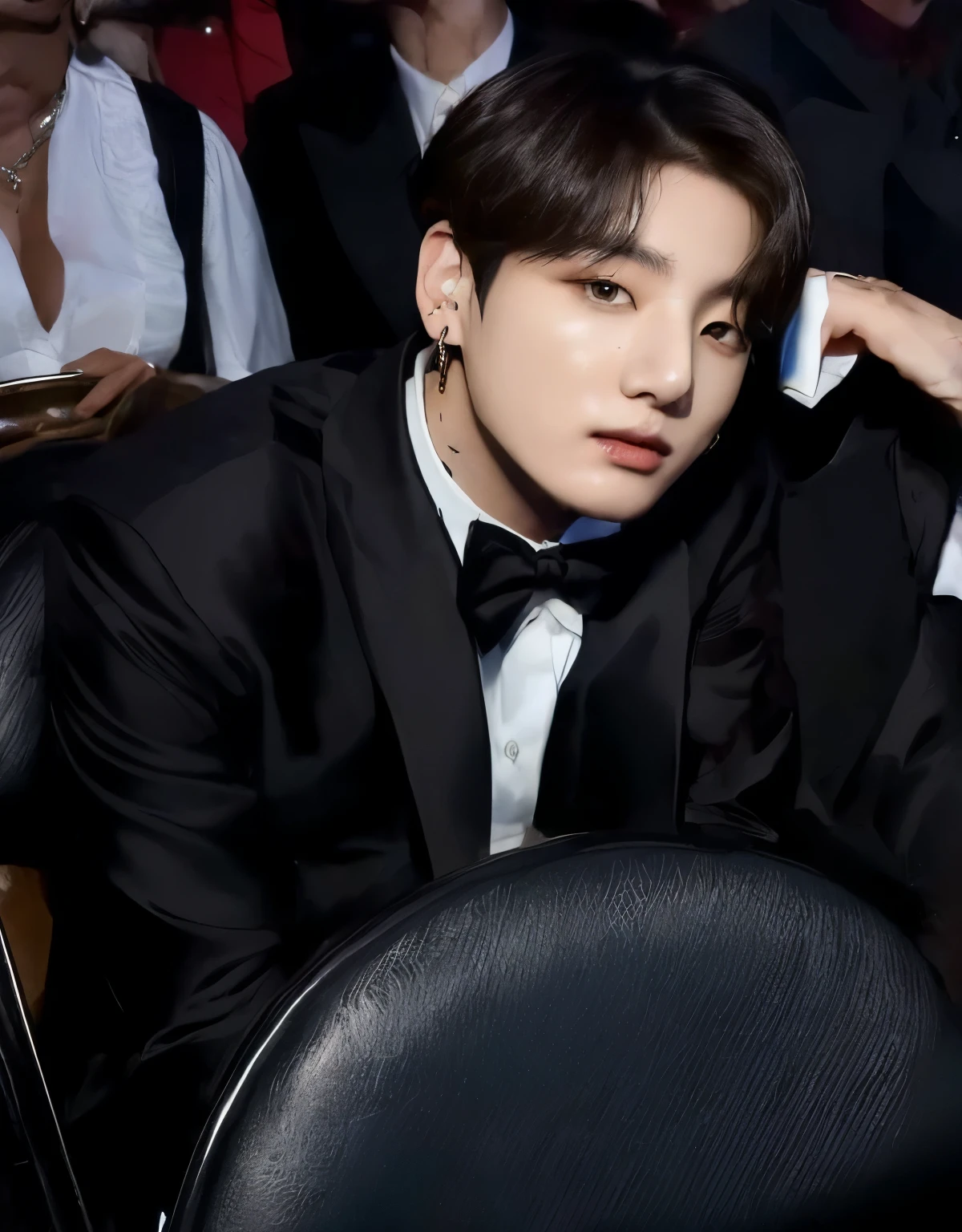 There's a man in a suit sitting at a table, Jungkook, Jimin\the right eyelid is swollen, Jimin\the full lips, Jimin, Jimin\o nariz grego, park Jimin, bts, ✨🕌🌙, taken at the beginning of 2020, ele parece muito sofisticado, ironic smile, Yoongi de cabelo preto