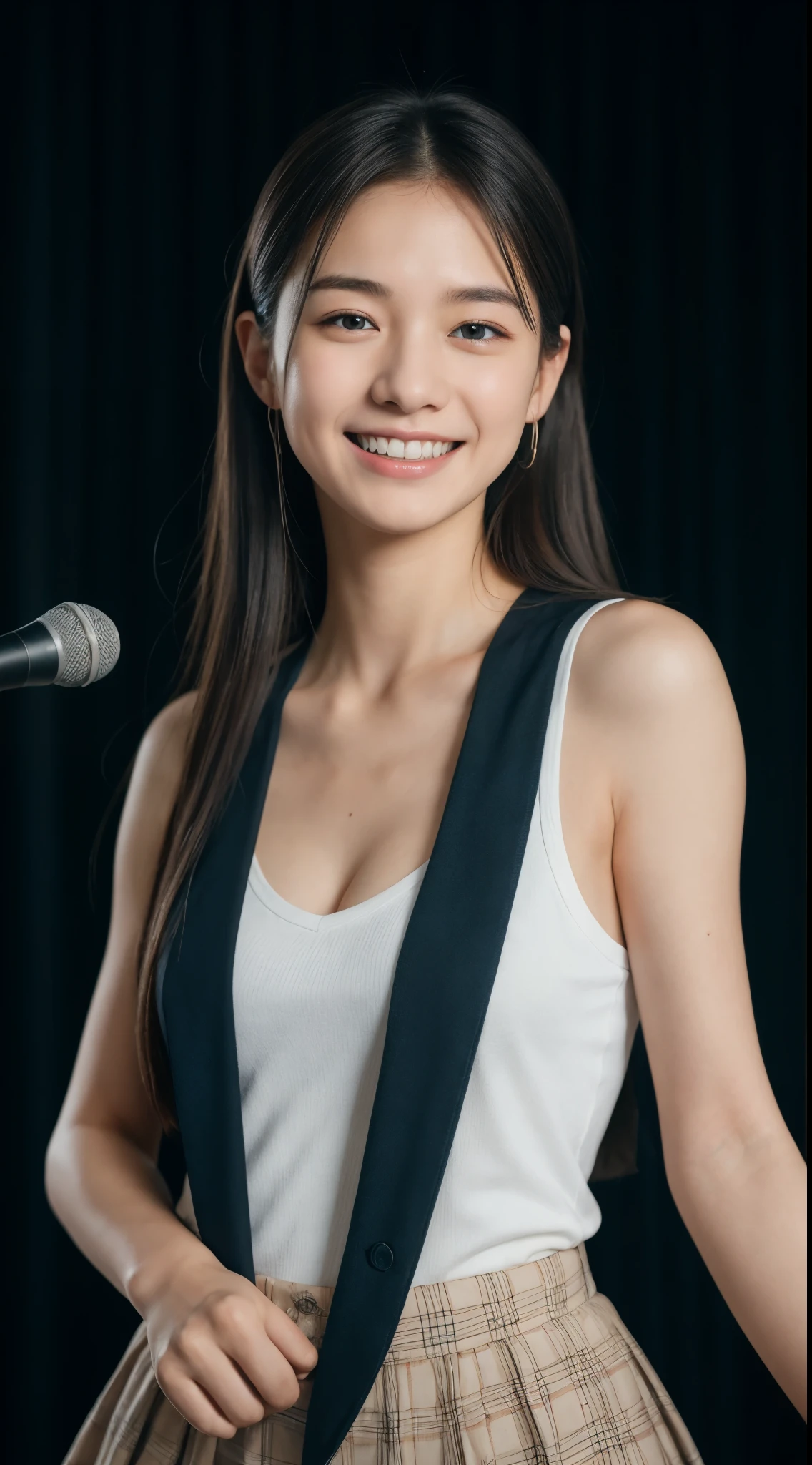 So cute like an idol、のhigh school student少女, Young face、Smiling Kindly、High School Cultural Festival Live、、Cleavage-revealing design、Singing on the gymnasium stage、Full body portrait、 Natural light、Accurate、Anatomically correct、Textured skin、front lighting、f/1.0mm、fujifilm G FX 50R、Super Detail、 Attention to detail、highest quality、High resolution、Real、realism、Raw photo、Genuine、masterpiece、1080p、Guitar Heroine、Let's Rock、high school student、Gymnasium Live