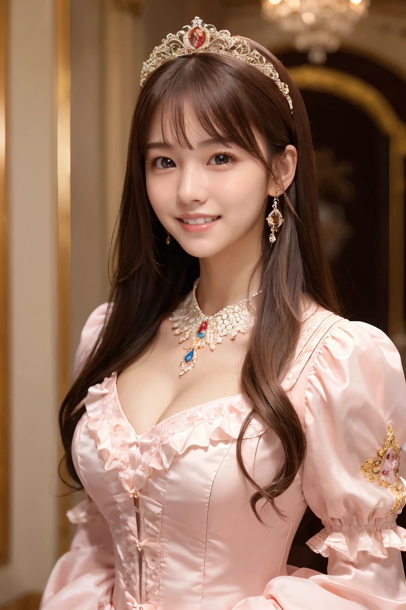 (highest quality、masterpiece、8k、Best image quality、Hyperrealism、Award-winning works)、1 cute ta princess、(alone:1.1)、(1 photo:1.1)、(Girly and cute luxury light pink lolirincess dress:1.2)、(Cute big ribbon on the chest:1.1)、(The most extravagant and luxurious giant princess tiara:1.1)、(Huge jewellery:1.1)、(The most luxurious and finest giant princess jewelry necklace:1.1)、(A top-notch Lolita pess dress with intricate jewelry details:1.2)、(Very intricate and detailed lace decoration:1.1)、(A very intricate and elaborately decorated dress:1.1)、(The most extravagant Lolita princdress with cute frills and ribbons:1.1)、(The most gorgeous Lolita princess s with lovely lace decoration:1.1)、(Cute girly lolita wavy hair:1.1hort:1.1)、(height: 140cm:1.1)、(Very large breasts:1.2)、(Cleavage:1.1)、Lots of cute frills、Accentuate your body lines、Slender body、Standing Elegantly、(Beautiful gorgeous palace entrance background:1.2)、(very bright and vivid:1.1)、(Bright and shiny dress:1.2)、Standing Elegantly少女、Accurate anatomy、Perfect Makeup、Long eyelashes、Glossy Lips、Ultra HD glossy skin、(Ultra-high resolution, bright and beautiful skin:1.3)、超高精細のGlossy Lips、Ultra-high resolution beautiful teeth、Ultra HD beautiful light brown hair、(Body facing forward:1.1)、(Front view:1.1)