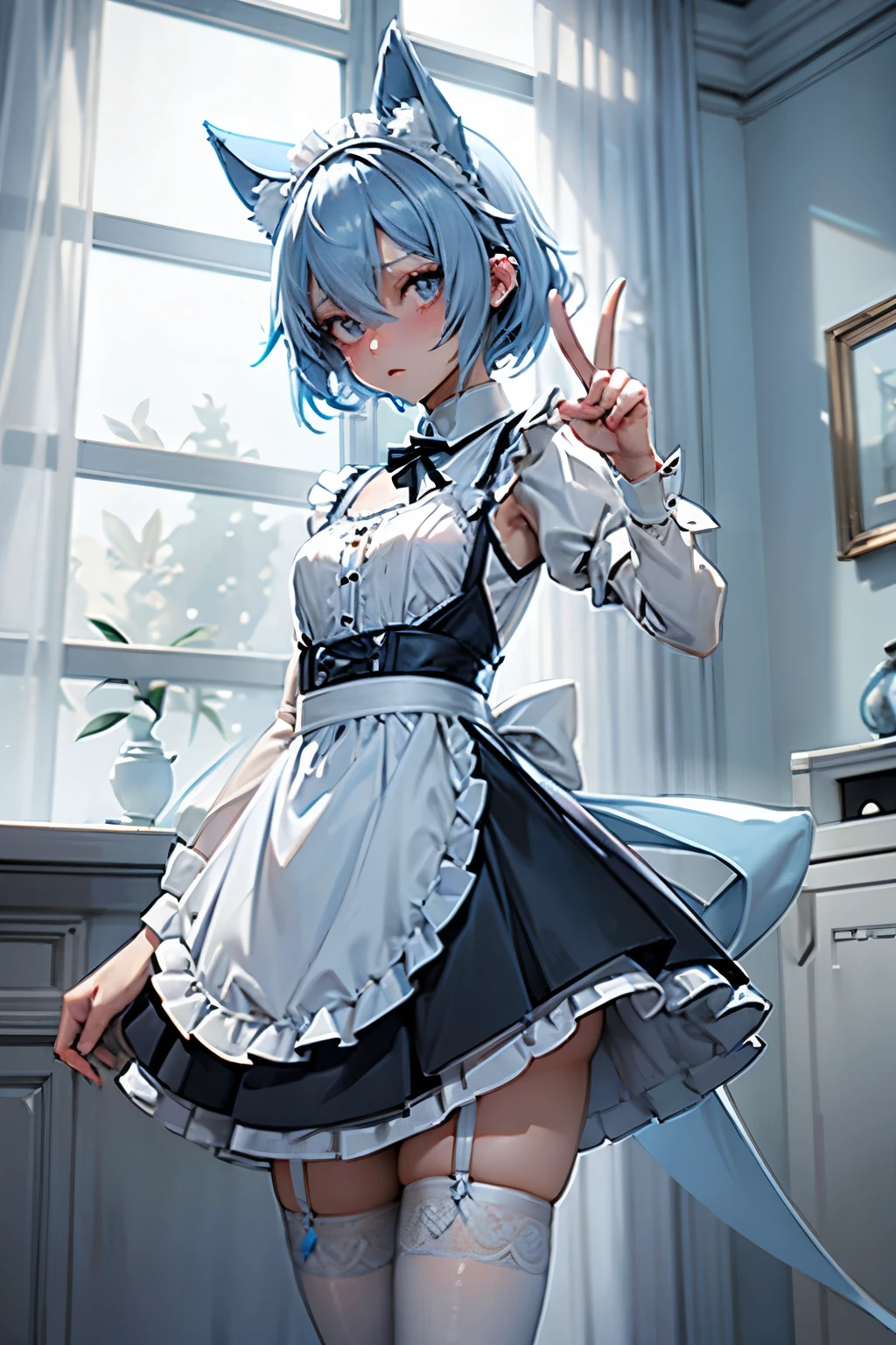 Light blue hair、Animal ears、Black maid outfit、White ribbon at chest、White socks、Light blue tail、White garter belt、Thin legischievous look、Long Skirt、White eyes、Slender figure、Small breasts、Small waist、Dimly lit room、Confused eyes、Composition from the front、peace sign