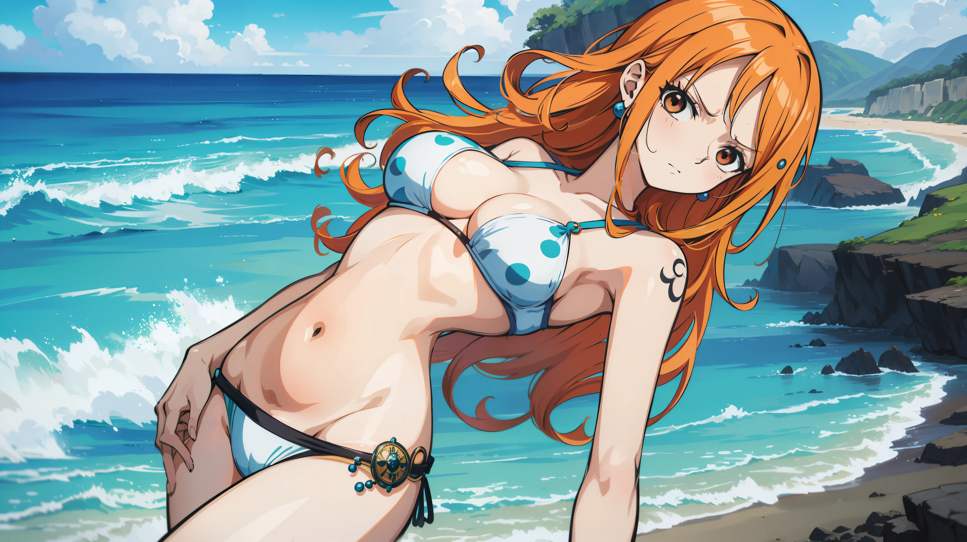 Gere uma imagem de alta resolucao no estilo anime de dark Nami de One Piece 1 unica garota.  (It is) ,Capture seu visual distinto com o cabelo laranja, Long throw, Curva AtlIt istica, biquini, fundo praia trevas , dark , de noite