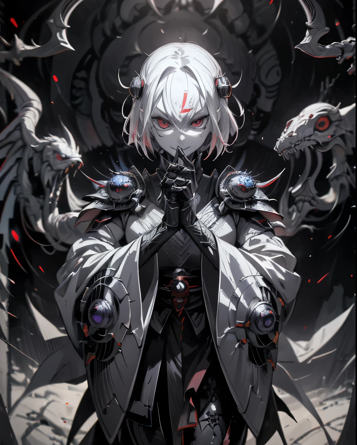 Sasuke uchiha with sharingan eyes, Robot, drone, science fiction, no human, xeno, tall slender person, athletic, pale skin, white skin, short purple hair, red eyes, crazy smile, robotic face, red display, round face, robotic wings, robotic limbs, sharp long claws, white tight shirt, open shoulder, sleeves, white gloves, tight clothe, armor skirt, metal boots, high boots, black sun, red sunlight, looking at viewer, angry, intimidating gaze, drawing style, dynamic light, ultra detail, extremely detailed CG, micro intricate, highly detailed skin, highly detailed face, highly detailed pupils, highly detailed iris, RAW photo, best quality, high resolution, ((masterpiece)), realistic, sharp focus, HDR, 8K resolution, intricate detail, sophisticated detail, hyper detailed, (depth of field), highlight and shadow, volumetric lighting, highly detailed background, by Kentaro Miura:1.1, comicbookpencils:0.9, greyscale(line art:1.1)