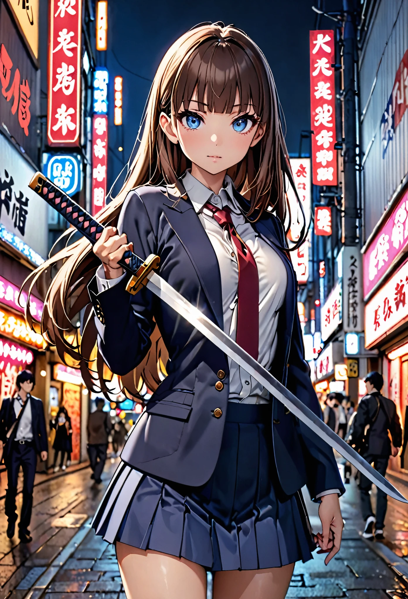 (high quality anime, 8k,masterpiece,Perfect Anatomy),cowboy shot,1 female,(beautiful detailed face and eyes,big gorgeous eye),blue eyes,The perfect 20 years old, Japanese、Female Swordsman、Brown Hair、Straight hair,long hair,blunt bangs,medium breasts,small face:1.5,slender body,skinny,、Dark blue blazer jacket、white formal shirt、Red tie、Navy blue pleated mini skirt、Holding a Japanese sword in his right hand、Gripping the hilt of the sword、on street,Shibuya、Tokyo、Outdoor、at night、Neon lights、