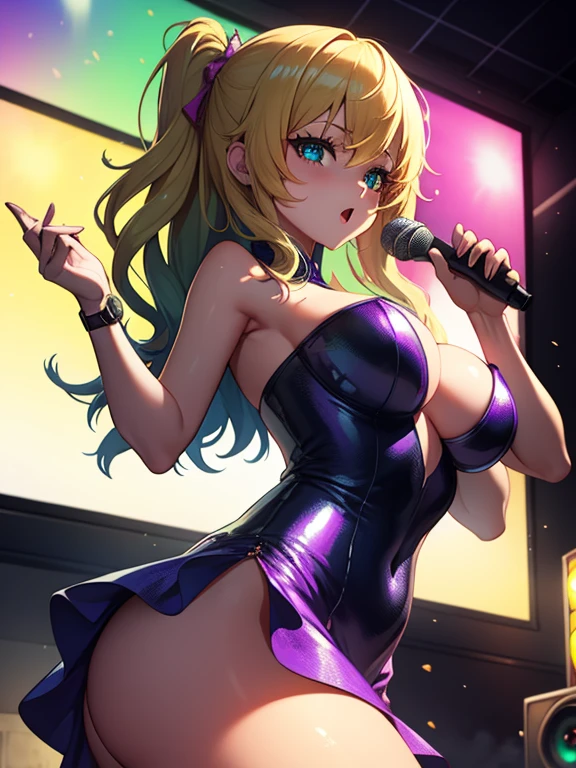 (masterpiece, best quality, high resolution, 8k), cowboy shot, BREAK, girl style anime, well defined eyes, high definition eyes, perfect body, perfect anatomy, eyelashes and black shadow under the eyes, detailed, round eyes with eyelashes and highlighted eye shadow, BREAK, brown light eyes, colorful hair, side-swept bangs hair, wearing pink strapless dress, round butt, perfect curves, with watch on her hands, medium breast, BREAK, girl singing in a karaoke with a microphone, big speakers and subwooferlaser lights and colorfull ballons in a party house.