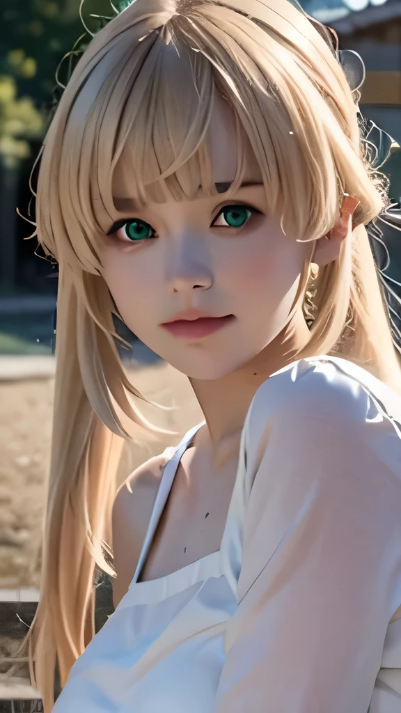 1girl, norn greyrat, green eyes, pretty , smile, blondehair , white blue clothes, realistic clothes, detail clothes, village background, blood splatter, depth of field, night, red light particles, light rays, sid e lighting ,Best Quality, High resolution, extremely detailed , 8K, Highly realistic, Ultra-realistic, photos realistic, legs to head
