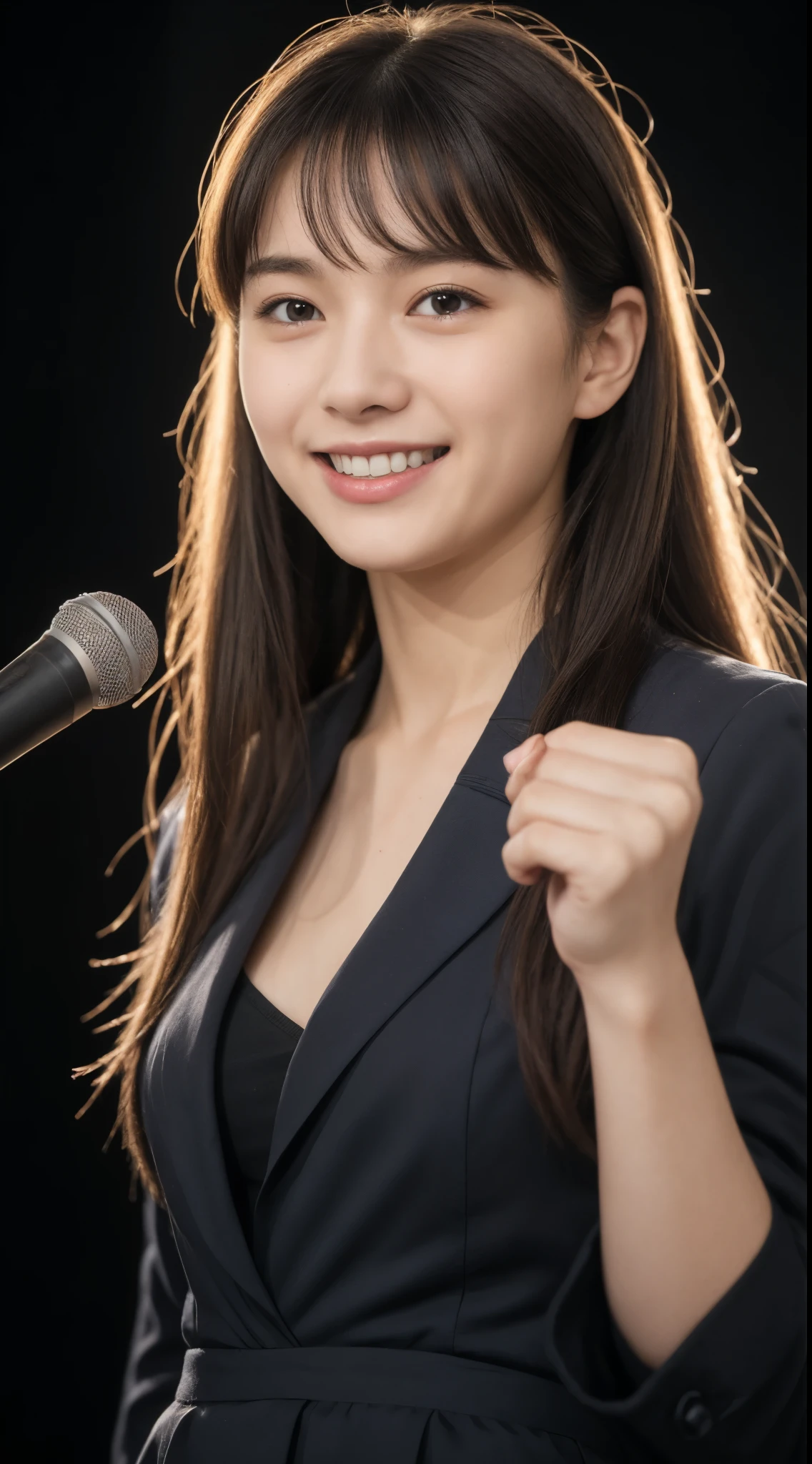 アイドルのようにとても可愛い16歳のhigh school student少女, Young face,Smiling Kindly,高校文化祭live、School uniforms are designed to show cleavage、,Singing on stage, Full body portrait, Natural light,  Accurate,  Anatomically correct,  Textured skin,  front lighting,  f/1.0mm,  fujifilm G FX 50R,  Regina Display,  Super Detail,  Attention to detail,  high quality,  最high quality,  High resolution, Real、realism、Raw photo、Genuine、masterpiece、1080p,   Guitar Heroine, Let's Rock, high school student,live