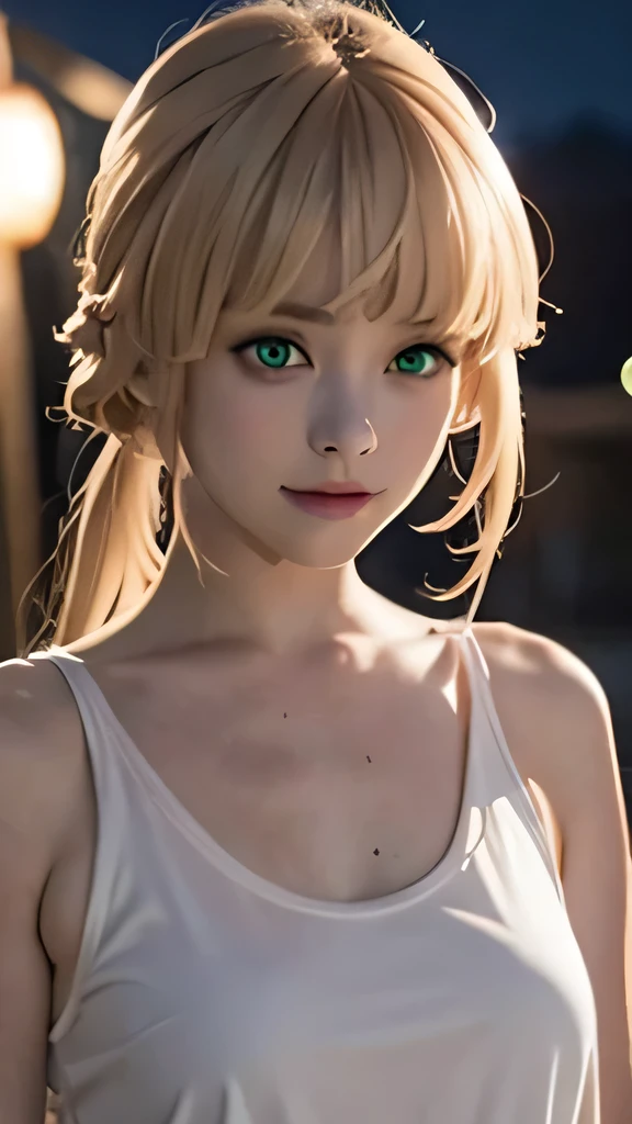 1girl, norn greyrat, green eyes, pretty , smile, blondehair , white clothes, realistic clothes, detail clothes, village background, blood splatter, depth of field, night, red light particles, light rays, sid e lighting ,Best Quality, High resolution, extremely detailed , 8K, Highly realistic, Ultra-realistic, photos realistic, standing , legs to head