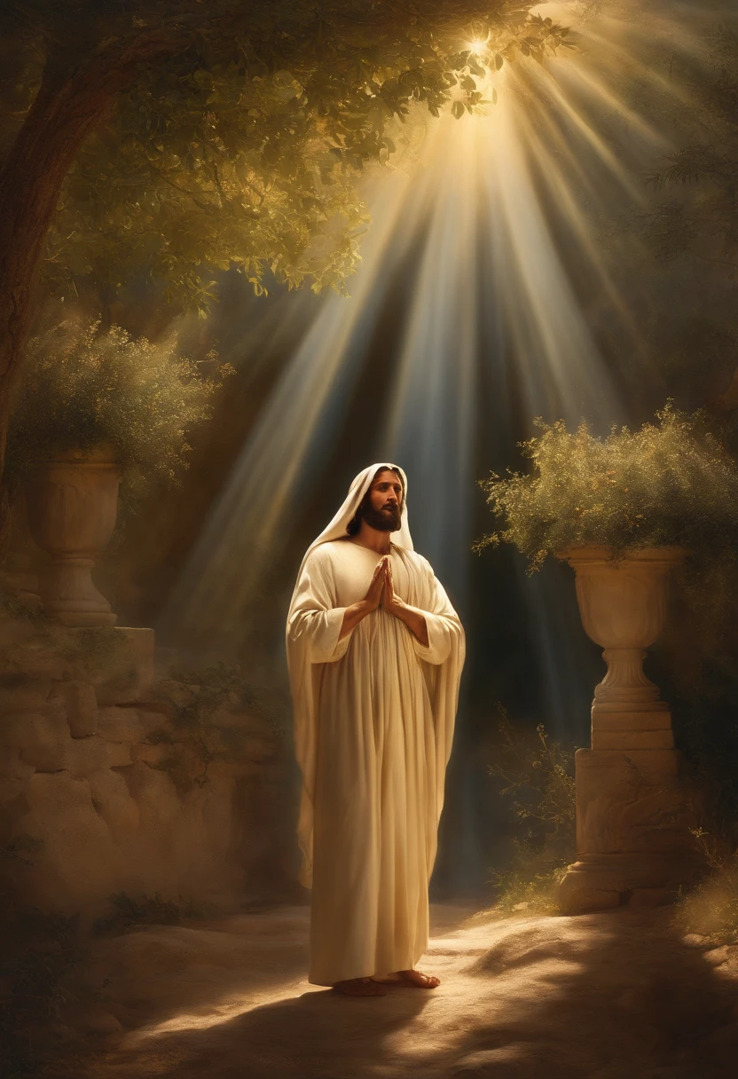 Jesus praying at the mount of Olives, streams of ethereal light shining through the tree's canopy and illuminating Jesus' solemn expression. The scene is set in an idyllic landscape of olive trees and an Israeli vineyard. The setting is reminiscent of biblical times, with a touch of fantasy and wonder. The image captures the essence of divinity and spirituality, with Jesus' radiant presence commanding the attention of the viewer. The rays of light that cascade through the trees create an otherworldly atmosphere, symbolizing the divine connection between heaven and earth. The olive trees are depicted with intricate detail, capturing the texture of their gnarled trunks and the lushness of their leaves. The scene is imbued with the rich colors and warmth of the Mediterranean, evoking a sense of tranquility and serenity, similar to Engraving by Alphonse Charles Masson, 1849, more moody, streaks of light cutting through the dim light illuminating only Jesus