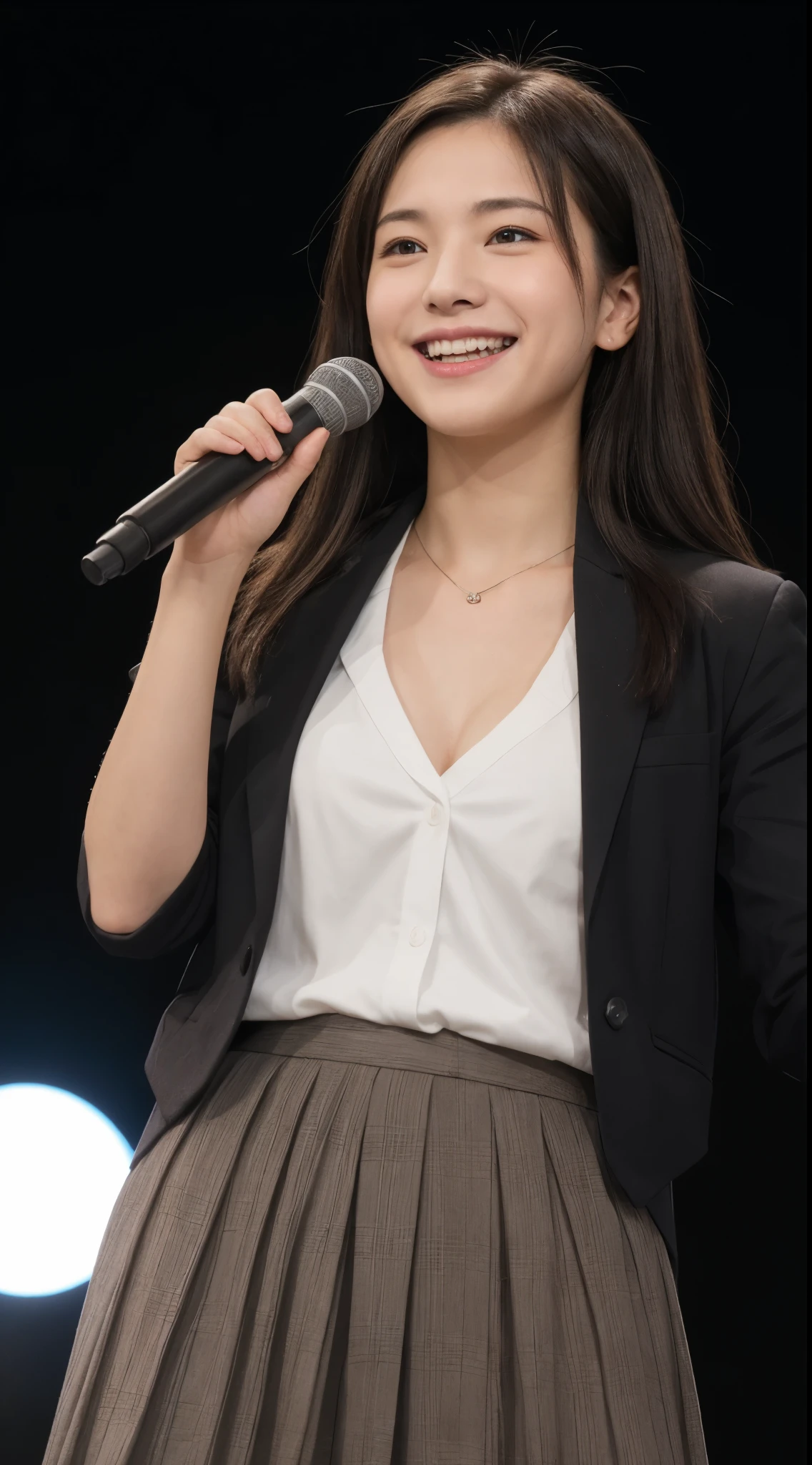 アイドルのようにとても可愛い16歳のhigh 少女, Young face,Smiling Kindly,高校文化祭live、School uniforms are designed to show cleavage、,Singing on stage, Full body portrait, Natural light, Accurate, Anatomically correct, Textured skin, front lighting, f/1.0mm, fujifilm G FX 50R, Regina Display, Super Detail, Attention to detail, high quality, 最high quality, High resolution, Real、realism、Raw photo、Genuine、masterpiece、1080p, Guitar Heroine, Let's Rock, high school student,live