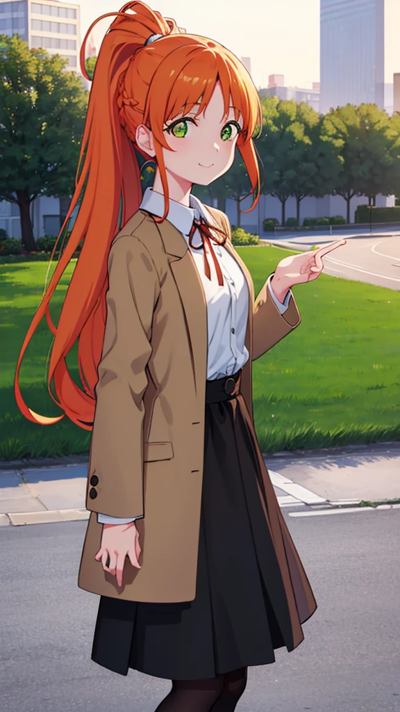  long hair, short braided hair,ponytail, orange hair, (green eyes:1.5), smile,Yellow muffler,Pink long coat　there is space in front,white sweater,black long skirt,black pantyhose,short boots,Asahi,campus life、Break outdoors on the way to school, University buildings,
break looking at viewer,
break (masterpiece:1.2), highest quality, High resolution, unity 8k wallpaper, (shape:0.8), (fine and beautiful eyes:1.6), highly detailed face, perfect lighting, Very detailed CG, (perfect hands, perfect anatomy),