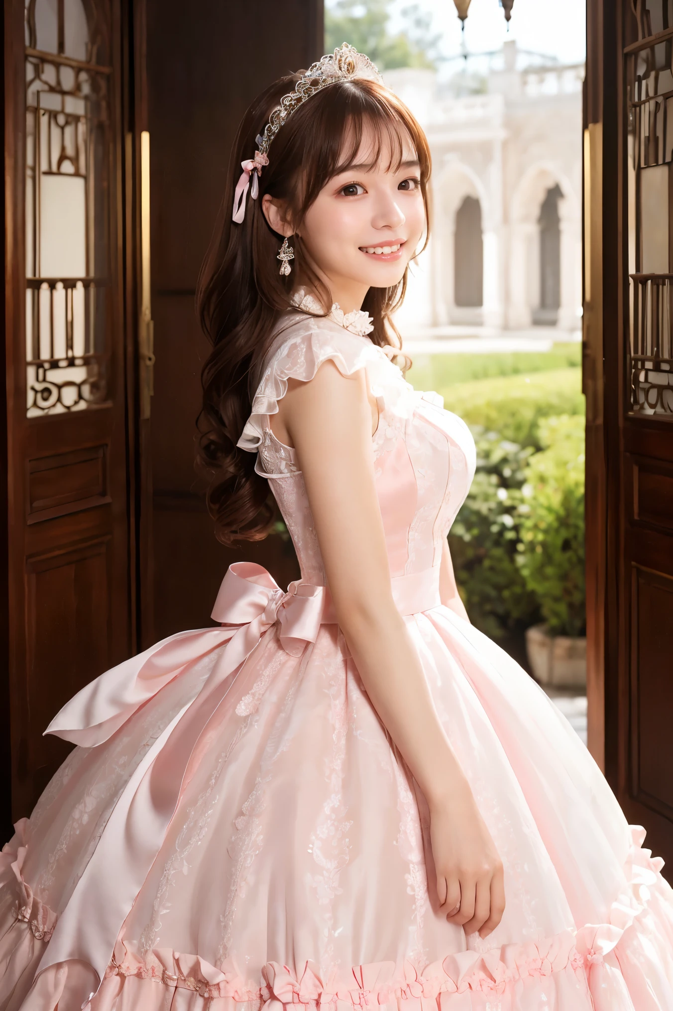 (highest quality、masterpiece、8k、Best image quality、Hyperrealism、Award-winning works)、1 cute lolita princess、(alone:1.1)、(1 photo:1.1)、(Girly and cute luxury light pink lolita princess dress:1.2)、(Cute big ribbon on the chest:1.1)、(The most extravagant and luxurious giant princess tiara:1.1)、(Huge jewellery:1.1)、(The most luxurious and finest giant princess jewelry necklace:1.1)、(A top-notch Lolita princess dress with intricate jewelry details:1.2)、(Very intricate and detailed lace decoration:1.1)、(A very intricate and elaborately decorated dress:1.1)、(The most extravagant Lolita princess dress with cute frills and ribbons:1.1)、(The most gorgeous Lolita princess dress with lovely lace decoration:1.1)、(Cute girly lolita wavy hair:1.1)、(Short:1.1)、(height: 140cm:1.1)、(Very large breasts:1.2)、(Cleavage:1.1)、Lots of cute frills、Accentuate your body lines、Slender body、Standing Elegantly、(Beautiful gorgeous palace entrance background:1.2)、(very bright and vivid:1.1)、(Bright and shiny dress:1.2)、Standing Elegantly少女、Accurate anatomy、Perfect Makeup、Long eyelashes、Glossy Lips、Ultra HD glossy skin、(Ultra-high resolution, bright and beautiful skin:1.3)、超高精細のGlossy Lips、Ultra-high resolution beautiful teeth、Ultra HD beautiful light brown hair、(Body facing forward:1.1)、(Front view:1.1)