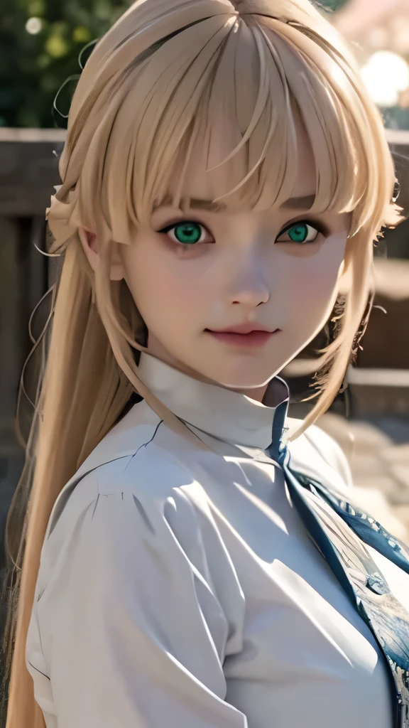 1girl, norn greyrat, green eyes, pretty , smile, blondehair , white blue clothes, realistic clothes, detail clothes, beautiful detailed face, Beautiful detailed eyes, high resolution masterpiece, photo realistic , village background, depth of field, night, red light particles, light rays, sid e lighting ,Best Quality, High resolution, extremely detailed , 8K, Highly realistic, Ultra-realistic, photos realistic, standing , legs to head