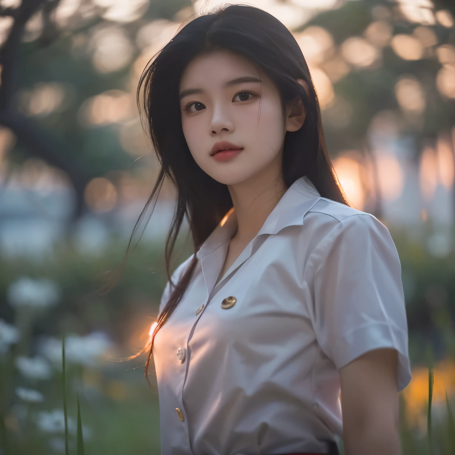 there is a woman that is standing in the grass with a belt, nivanh chanthara, girl wearing uniform, a young asian woman, anime thai girl, thawan duchanee, student, in style of thawan duchanee, in style of lam manh, an asian woman, mai anh tran, dang my linh