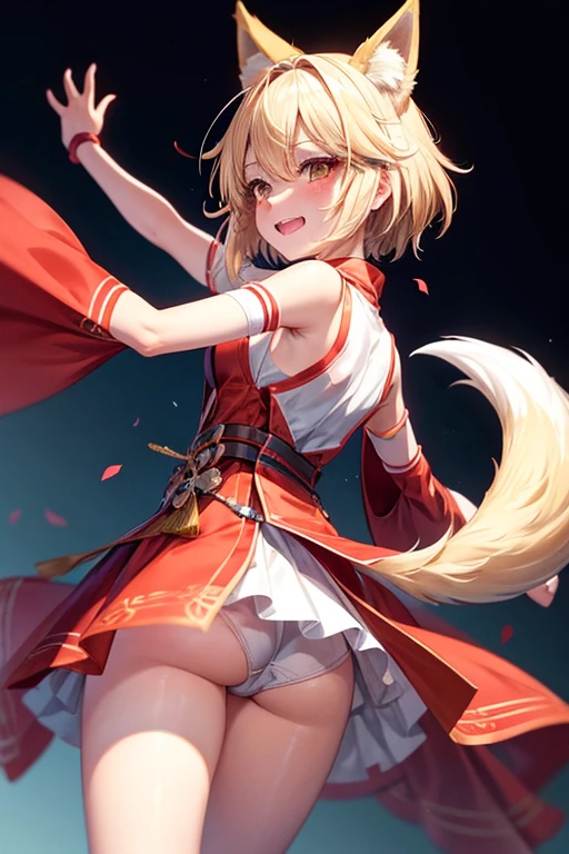 Fox Girl Blonde Short Hair Miko costume Crying and pretending to be a dog Two arms Five fingers Put your hands together Four legs View from behind