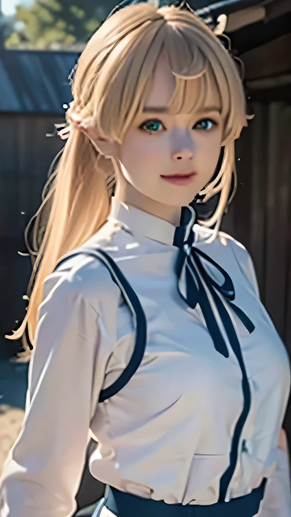 1girl, norn greyrat, green eyes, pretty , smile, blondehair , white blue clothes, realistic clothes, detail clothes, beautiful detailed face, Beautiful detailed eyes, high resolution masterpiece, photo realistic , village background, depth of field, night, red light particles, light rays, sid e lighting ,Best Quality, High resolution, extremely detailed , 8K, Highly realistic, Ultra-realistic, photos realistic, standing ,
