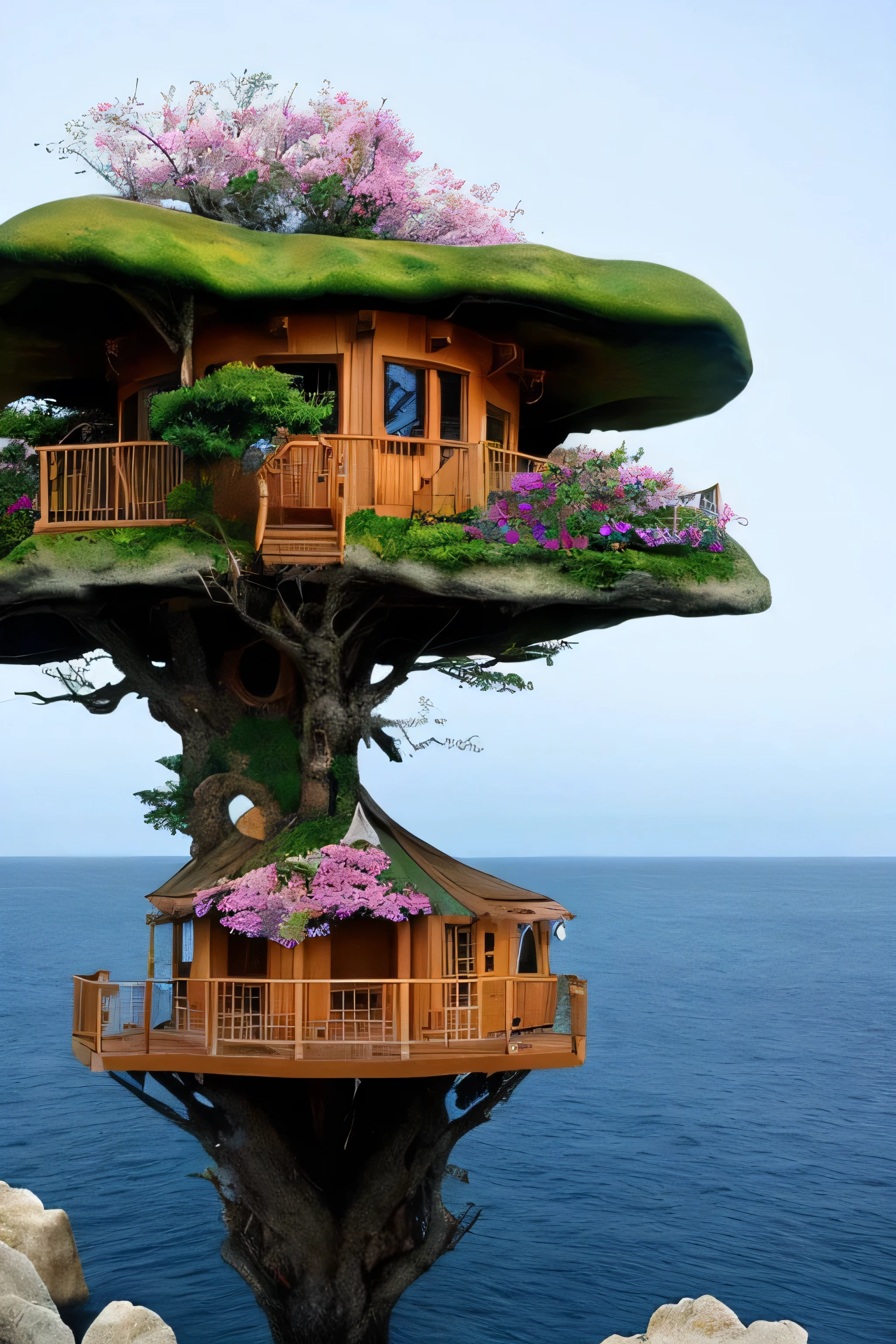 Perfection The Coolest tree house on a large rock in the middle of the sea with flowers in front of the house and trees on both sides of the house