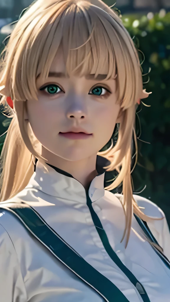 1girl, norn greyrat, green eyes, pretty , smile, blondehair , white blue clothes, realistic clothes, detail clothes, beautiful detailed face, Beautiful detailed eyes, high resolution masterpiece, photo realistic , village background, depth of field, night, red light particles, light rays, sid e lighting ,Best Quality, High resolution, extremely detailed , 8K, Highly realistic, Ultra-realistic, photos realistic, standing , zoom out
