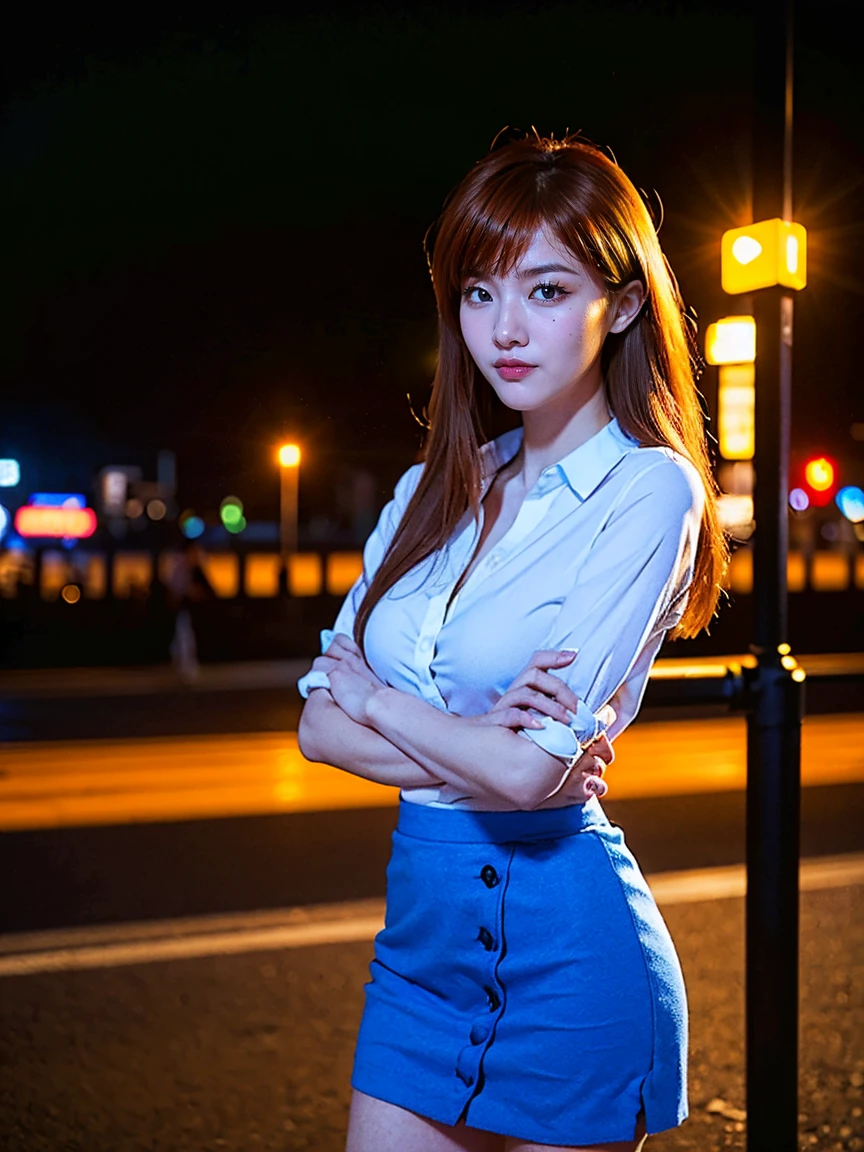 (1 lady), (Best quality at best:1.4), (ultra - detailed), (extremely detailed CG unified 16k), A Beautiful Woman with Perfect Figure: 1.4, Sharp Focus: 1.2, very detailed, High-definition RAW color photo, professional photoshooting, amazing face and eyes, cosmetics, (amazingly beautiful girl), ((asuka)), ((shirt, skirt)), standing, sexyposture，(Dark and stylish urban landscape, city lights, city lights:1.3), (look from down), realistic cinematic face, head to feet long wide zoomed out view, full body long view, photorealistic, ((realistic natural orange redhair style, blue eyes, long hair)), gorgeous, extremely beautiful face, perfect model beauty, pout mouth, Highly Detailed Face and Skin Texture, Detailed Eyes, Double Eyelids, Medium Breasts, Smile, cleavages, western, (masterpiece), best quality, high resolution, extremely detailed, blurred background, depth of field, cinematic lighting, amazing legs, high heels, clear and well-cared skin, (((woman occupies most of the picture)))