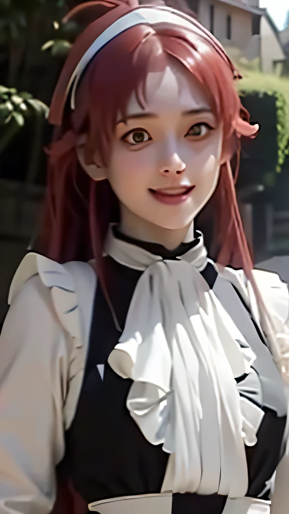 1girl, aisha greyrat, green eyes, pretty , smile, red hair , maid clothes, realistic clothes, detail clothes, beautiful detailed face, Beautiful detailed eyes, high resolution masterpiece, photo realistic , village background, depth of field, night, red light particles, light rays, sid e lighting ,Best Quality, High resolution, extremely detailed , 8K, Highly realistic, Ultra-realistic, photos realistic, standing , zoom out
