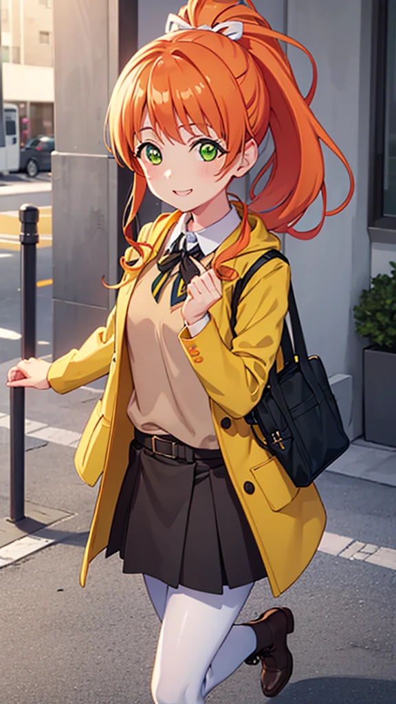  short braided hair,ponytail, orange hair, (green eyes:1.5), smile,Yellow muffler,Pink long coat　there is space in front,white sweater,black long skirt,black pantyhose,short boots,Asahi,campus life、Break outdoors on the way to school, University buildings,
break looking at viewer,
break (masterpiece:1.2), highest quality, High resolution, unity 8k wallpaper, (shape:0.8), (fine and beautiful eyes:1.6), highly detailed face, perfect lighting, Very detailed CG, (perfect hands, perfect anatomy),