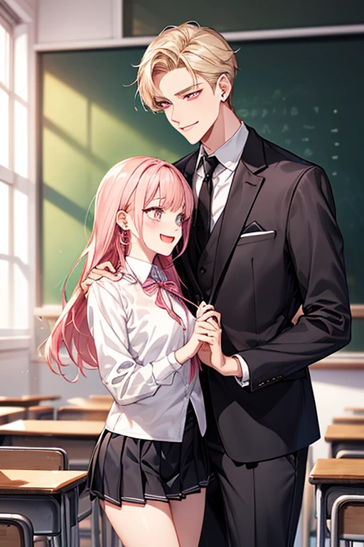 1 male(school uniform、Black tie、The jacket is a gray jacket, White shirt, Grey trousers、one ear only, 1 earring,、Blonde、Golden Eyes、Laughter、expensive、Handsome、refresh)、1 Female(Long pink hair、Pink Eyes、short、Beautiful breasts、White shirt、Red ribbon、、black pleated mini skirt)、(((Couple、make out)))、Laughter、classroom、Height difference