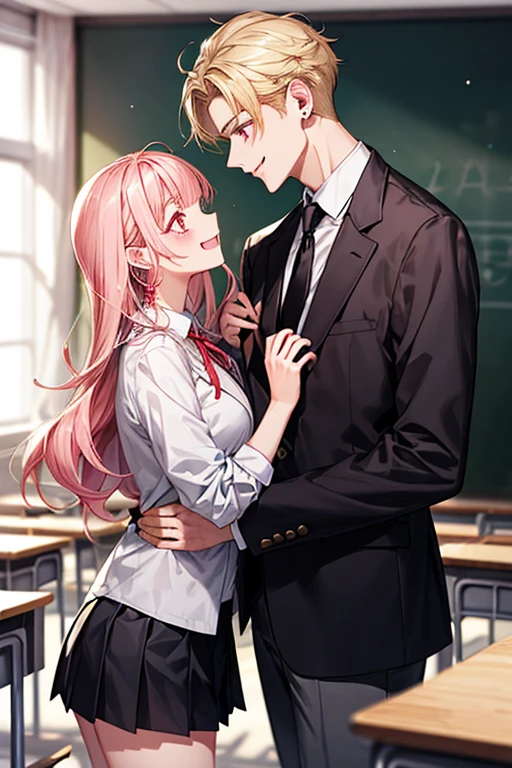 1 male(school uniform、Black tie、The jacket is a gray jacket, White shirt, Grey trousers、one ear only, 1 earring,、Blonde、Golden Eyes、Laughter、expensive、Handsome、refresh)、1 Female(Long pink hair、Pink Eyes、short、Beautiful breasts、White shirt、Red ribbon、、black pleated mini skirt)、(((Couple、make out)))、Laughter、classroom、Height difference