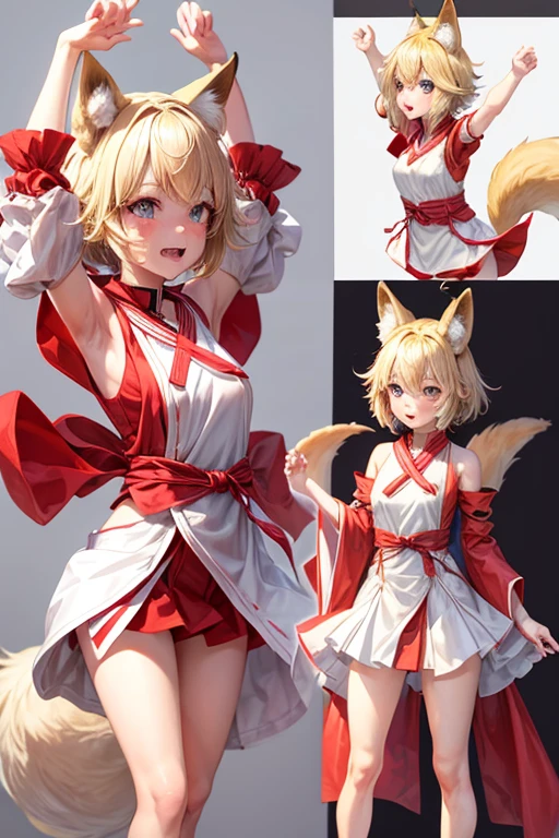Fox Girl Blonde Short Hair Miko costume Crying and pretending to be a dog Two arms Five fingers Put your hands together Four legs View from behind