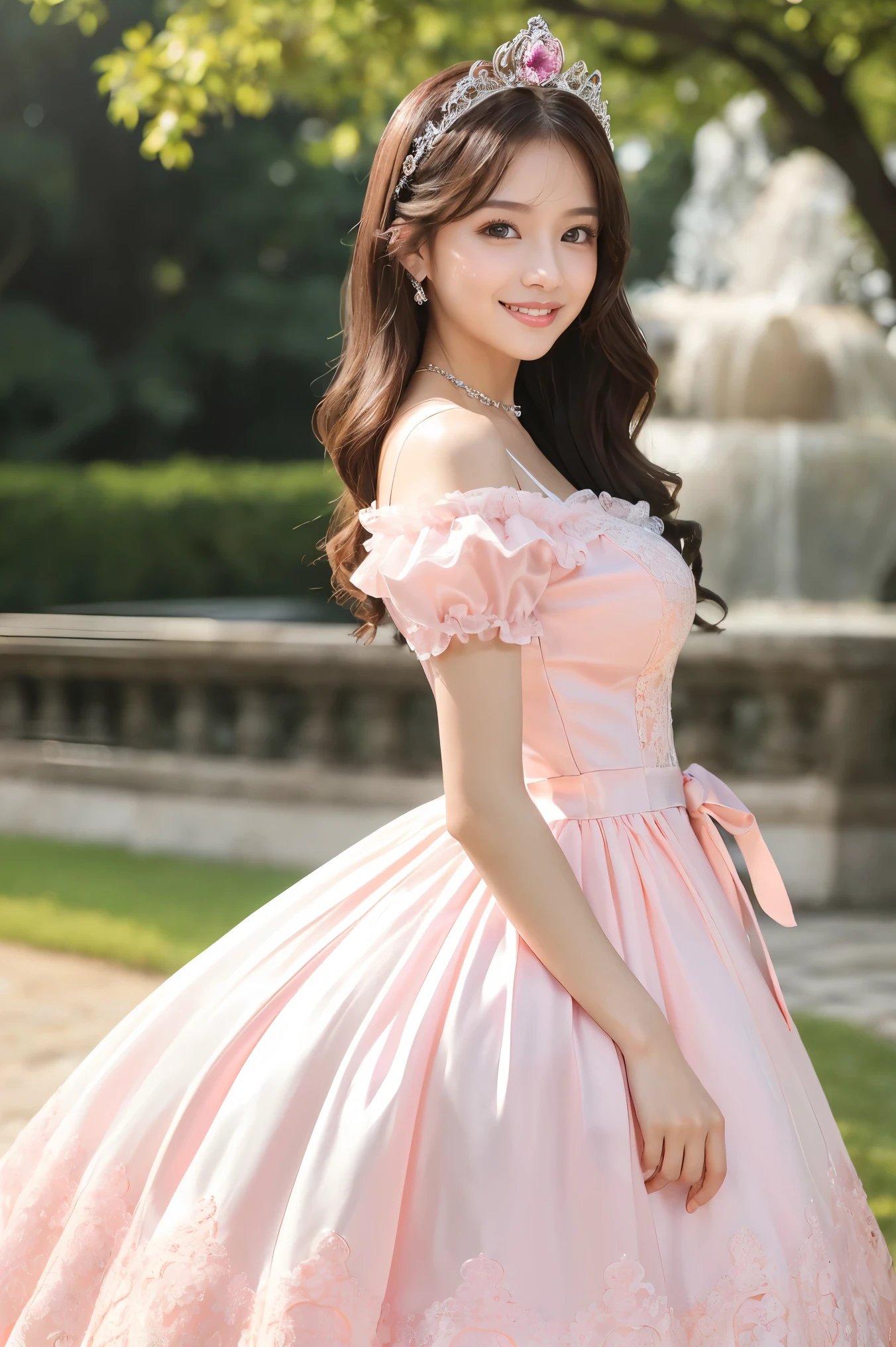 (highest quality、masterpiece、8k、Best image quality、Hyperrealism、Award-winning works)、1 cute ta princess、(alone:1.1)、(1 photo:1.1)、(Girly and cute luxury light pink lolirincess dress:1.2)、(Cute big ribbon on the chest:1.1)、(The most extravagant and luxurious giant princess tiara:1.1)、(Huge jewellery:1.1)、(The most luxurious and finest giant princess jewelry necklace:1.1)、(A top-notch Lolita pess dress with intricate jewelry details:1.2)、(Very intricate and detailed lace decoration:1.1)、(A very intricate and elaborately decorated dress:1.1)、(The most extravagant Lolita princdress with cute frills and ribbons:1.1)、(The most gorgeous Lolita princess s with lovely lace decoration:1.1)、(Cute girly lolita wavy hair:1.1hort:1.1)、(height: 140cm:1.1)、(Very large breasts:1.2)、(Cleavage:1.1)、Lots of cute frills、Accentuate your body lines、Slender body、Standing Elegantly、(Beautiful gorgeous palace background:1.2)、(very bright and vivid:1.1)、(Bright and shiny dress:1.2)、Standing Elegantly少女、Accurate anatomy、Perfect Makeup、Long eyelashes、Glossy Lips、Ultra HD glossy skin、(Ultra-high resolution, bright and beautiful skin:1.3)、超高精細のGlossy Lips、Ultra-high resolution beautiful teeth、Ultra HD beautiful light brown hair、(Body facing forward:1.1)、(Front view:1.1)、(Bright and shiny dress:1.3)