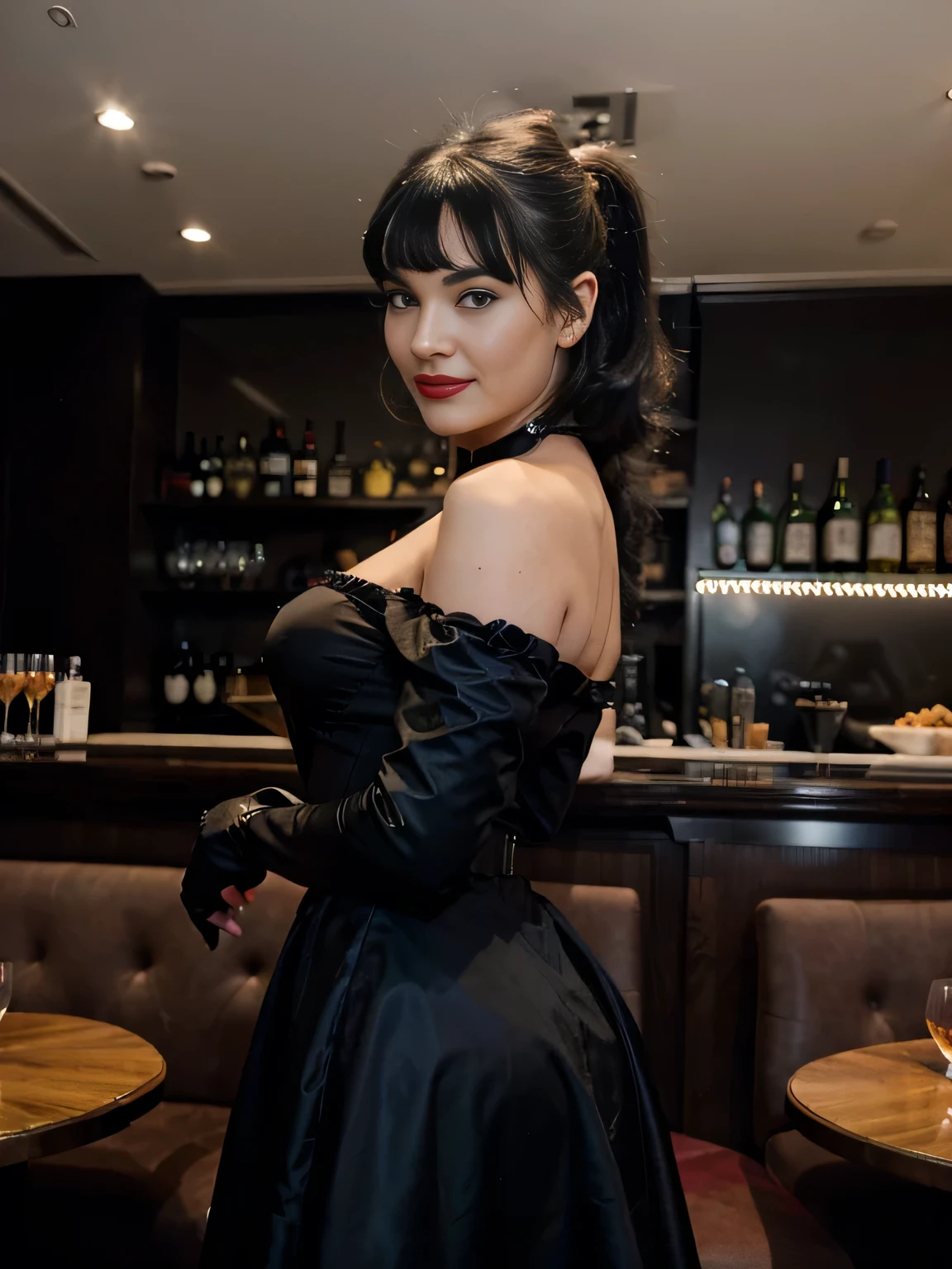 Magazine style photo of a smiling flirting with the camera Bettie page with black ponytail hair wearing a black 1900s off-the-shoulder ball dress and high black gloves inspired by Dior and Céline, red lipstick, direct lighting, at the grand hotel balloorm bar, dark plain background, dynamic pose, beautiful body, 160 cm 50 kg, Soho, shot on Kodak Colorplus 200, film photography, f1.8 50mm lens