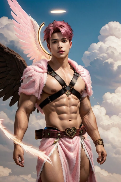 Photo of a muscular boy wearing cupid costume, (pink hair), wings, flying, halo, (pink toga robe), armor, (surrounded by clouds), ethereal, (seductive smile:0.6), jewelry, heart, harness, realistic, masterpiece, intricate details, detailed background, depth of field