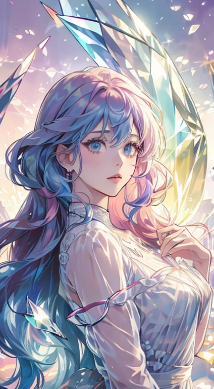 (Woman with rainbow hair),(Rainbow Hair), (colorful hair),Medium Chest,(colorfulな髪), colorful, (crystal),Shiny, Soft Light, Shiny Hair, Stunning iridescent hair and seductive eyes,Detailed face,Detailed eyes,Watercolor style、Infuse your artwork with dreamy quality, Dancing with a mixture of colors, 
The girl's hair boasts a rainbow spectrum, Each hue seamlessly flows into the next,Detailed face, Fine grain, Simple white dress, crystalフラワー, Around the flower, Glass of flowers