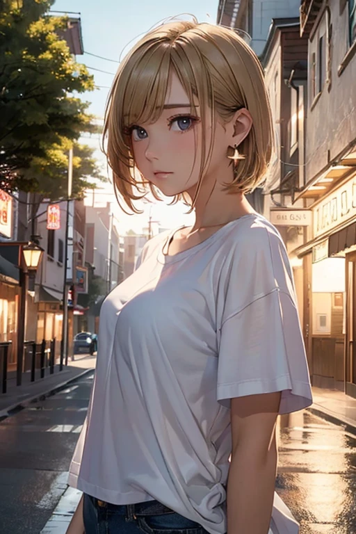 ((Masterpiece)), ((highest quality)), (Super Detail), ((High detail)), 4K, (8K), Highest quality, (beautiful), Realistic photos, Disorganized, Blonde、A deserted town at dusk、short hair、Earrings、White T-shirt, Sad look, 自然なbeautiful光、Mature women、Diagonal shot from behind、jeans