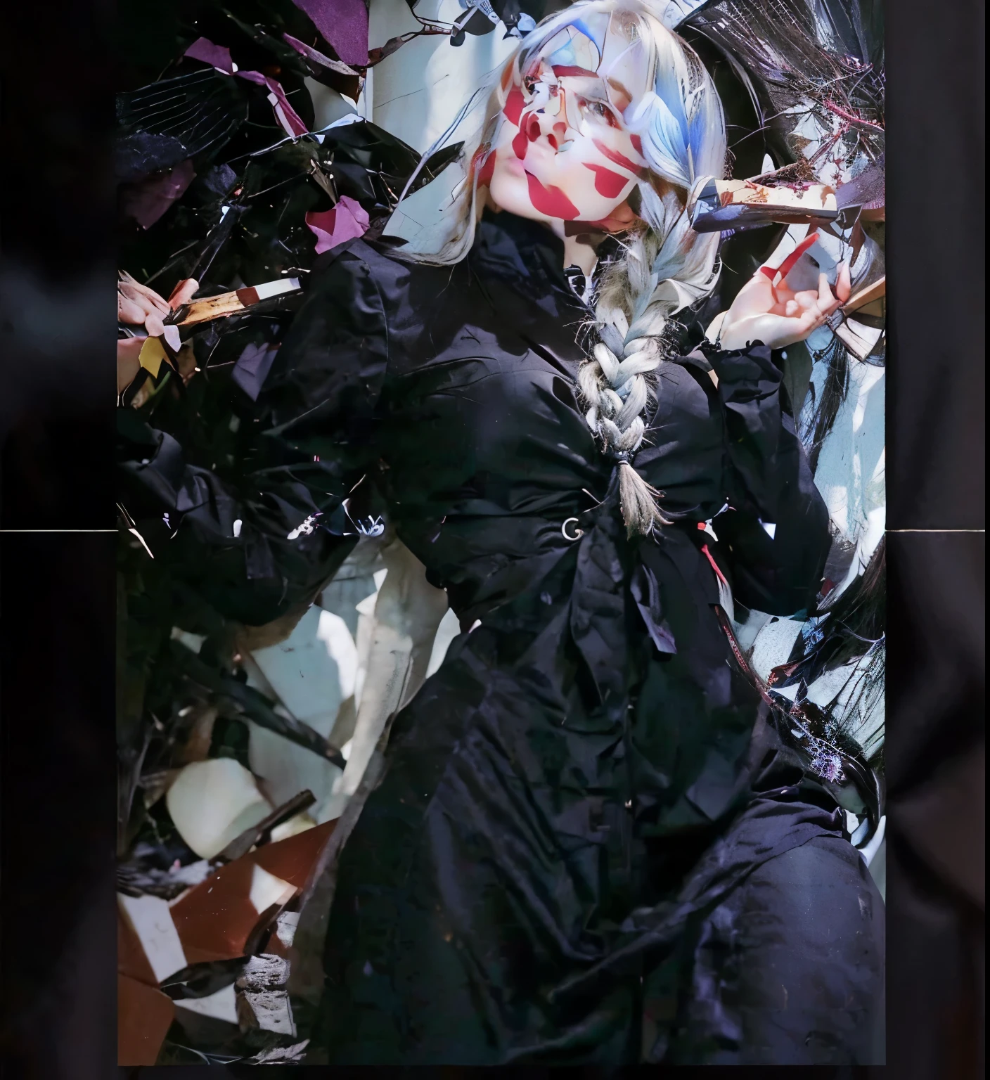 Full body frame taken from The Vampire Diaries series, character presentation, estilo super realista, anticipate facial expression. Mulher alta de corpo musculoso e encorpado. White skin with Asian features. Olhos num formato amendoado, felino penetrante, with violet iris. Long black hair with several white highlights tied in three full braids, uma delas jogada na parte da frente de seu rosto cobrindo a parte direita. Longas unhas pintadas, usando roupas formais. Personalidade charmosa e sedutora. Mei Mei de Jujutsu Kaisen.