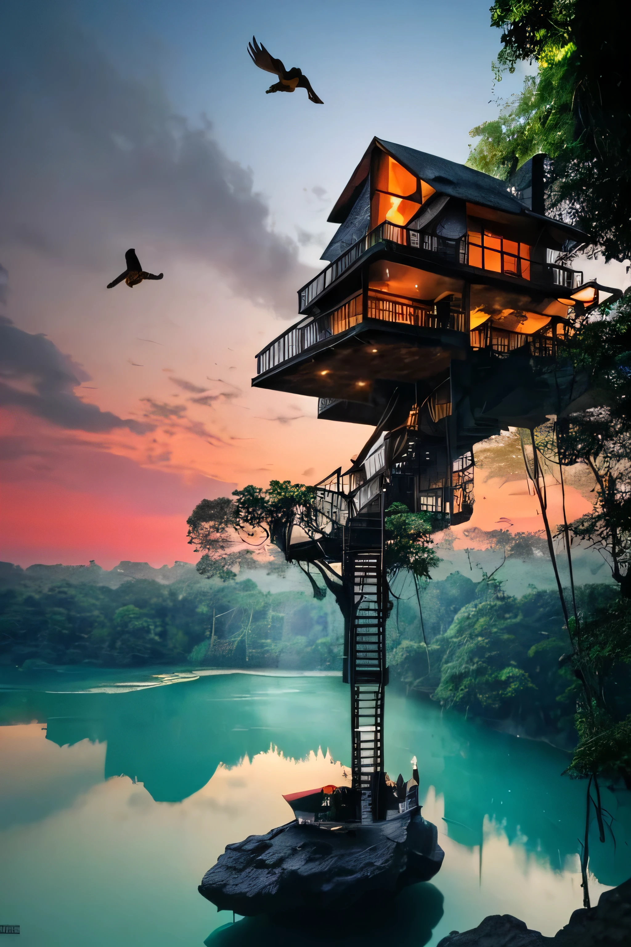 Perfection The Coolest Tree house on a large rock in the middle of the lake in the jungle with sunset, waterfall, bird flying, airroplan flying flowers in front of the house and trees on both sides of the house