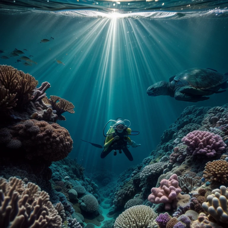 A diver swims towards a large sea turtle, lush marine flora, fish, turquoise-coloured water, sunlight shines brightly on the scenario, God's rays refract on the surface of the water, calm mystical sublime atmosphere, high detail, Realism, chiaroscuro, reflection light, vignetting, pov, first-person view, from above, from below, atmospheric perspective, masterpiece, anatomically correct, high details, best quality