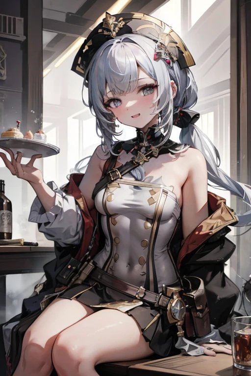 (fantasy:1.5),(anime,8k,masterpiece, top quality, best quality,beautiful and aesthetic:1.2,professional illustrasion:1.1,ultra detail:1.3,perfect lighting),extremely detailed,highest detailed,incredibly absurdres , highres, ultra detailed,intricate:1.6,(Alchemy Workshop:1.4),A girl mixing,Medicine in many small bottles,holding small potion,cute colorful:1.5,zentangle,(1girl),(girl),(Military uniform, bulletproof jacket), (double breasted,under bust:1.2),  sitting at a table, cute,  highest quality visual of a cute girl,eating cakes, young girl, guweiz, high quality artstyle, girl, artwork in the style of guweiz, beautiful girl, pretty girl, (highly detailed beautiful face and eyes,firm breasts),oily skin,((black,hair,long pony tail hair)),thin pubic hair,cute,lovely,24 years old,alchemist costume,Merchant's Clothing,smile,seductive weak smiling,(with sparkling eyes and a contagious smile),open mouth, Looking at Viewer,
