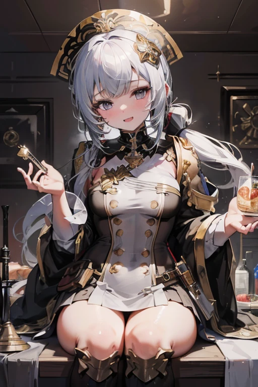 A beautiful anime girl wearing a wizard’s hat and holding an apple stands in front of a bar. This high-quality, detailed illustration features a dark witch with provocative vibes. Her silver hair is intricately woven into loose braids, and her detailed face includes long eyelashes and beautiful lips. The dynamic pose, dramatic lighting, and vibrant colors create a fantasy atmosphere, evoking magic and enchantment.Short bangs, Character profile,