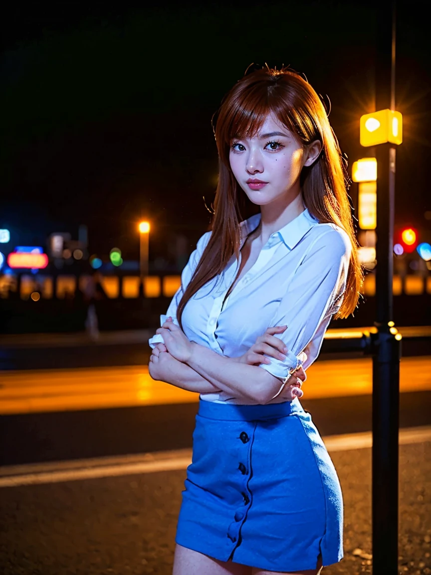 (1 lady), (Best quality at best:1.4), (ultra - detailed), (extremely detailed CG unified 16k), A Beautiful Woman with Perfect Figure: 1.4, Sharp Focus: 1.2, very detailed, High-definition RAW color photo, professional photoshooting, amazing face and eyes, cosmetics, (amazingly beautiful girl), ((asuka)), ((shirt, skirt)), standing, sexyposture,(Dark and stylish urban landscape, city lights, city lights:1.3), (look from down), realistic cinematic face, head to feet long wide zoomed out view, full body long view, photorealistic, ((realistic natural orange redhair style, blue eyes, long hair)), gorgeous, extremely beautiful face, perfect model beauty, pout mouth, Highly Detailed Face and Skin Texture, Detailed Eyes, Double Eyelids, Medium Breasts, Smile, cleavages, western, (masterpiece), best quality, high resolution, extremely detailed, blurred background, depth of field, cinematic lighting, amazing legs, high heels, clear and well-cared skin, (((woman occupies most of the picture)))