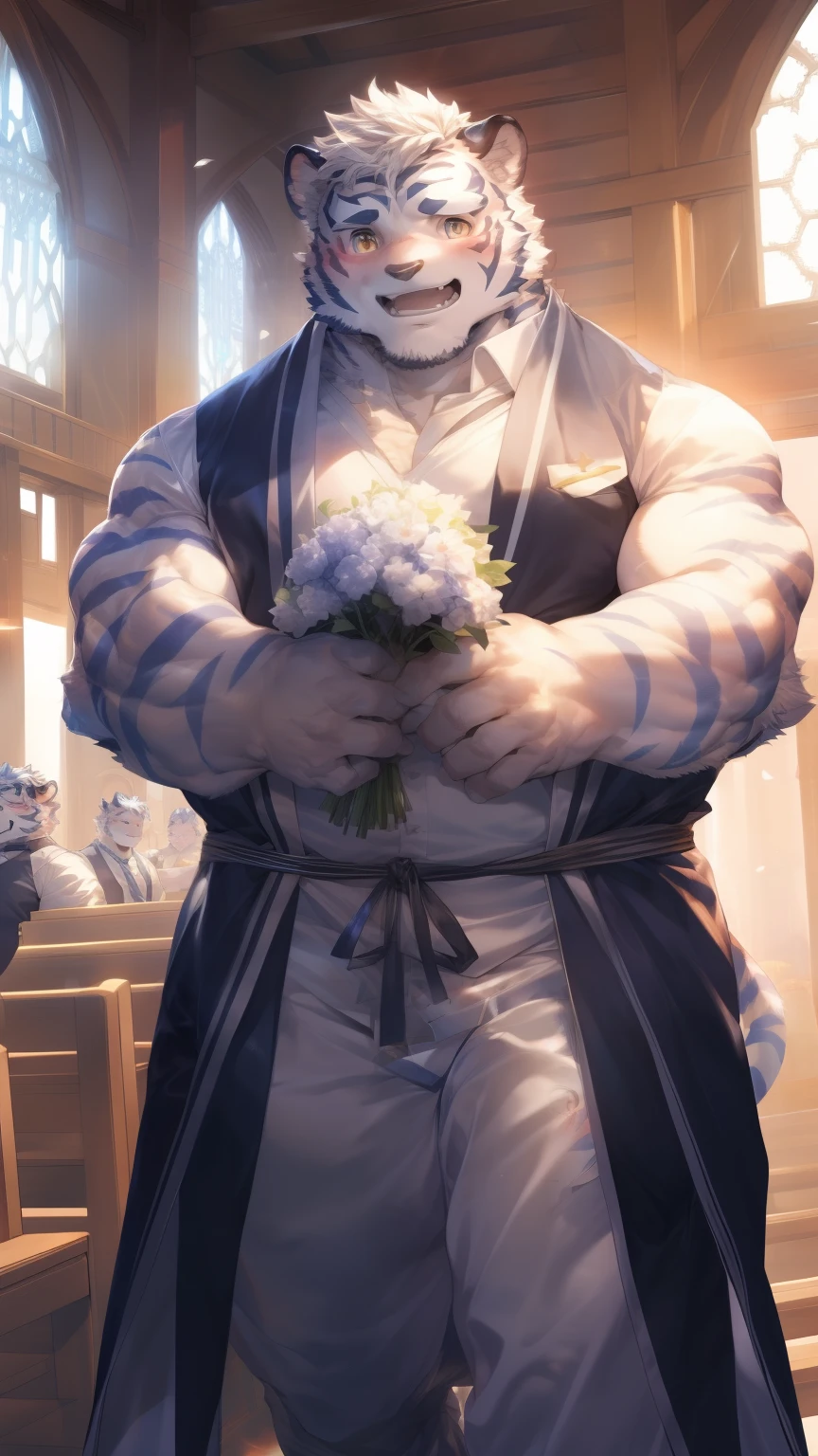 (through empty ghost, From thebigslick, through dark gems, Will chase), Keyuan Tower (Onmyoji Daisenji Temple), High quality photos, Perfect anatomical structure, Anthropomorphic white tiger, Men, 26 years old, thick eyebrows, (short hair:1.5), Light blue stripes, tall, strong, bridegroom, White shirt, Black suit suit, Open neckline, Small bump, Holding a bouquet of flowers, 站在church门口, A shallow laugh, Shy expression, blush, Golden pupils, Look at the audience, Clear facial features, strong, Solitary, solo, Front view, Full body image, church, White Dove, Correct gestures