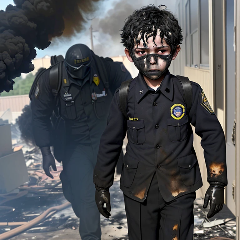 An elementary school boy was caught in the explosion and was covered in soot, his uniform burned and in tatters.