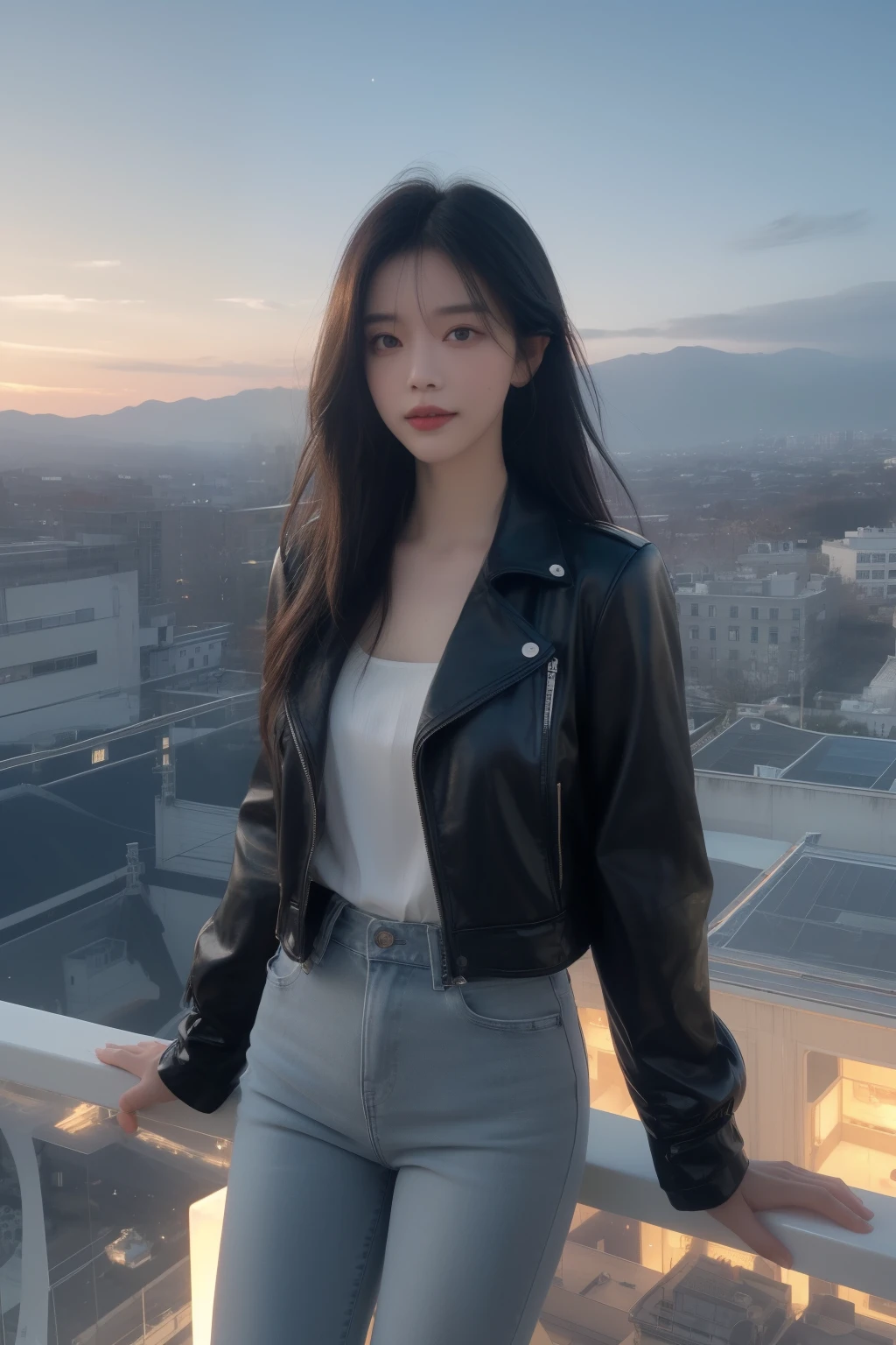 (masterpiece), Close Range,High Detail, high quality, Reality, Super detailed, Realistic skin texture, Perfect face, Elegant girl, Cool Girl,Beautiful hands, Smile, (Full details Tuxedo leather jacket,Skinny jeans,reflected light, Silver trim), White neon light, silver light, luminescent, Full lips, Glossy lips, Light makeup, hourglass body shape, Willow Waist, (Feel free to hairstyle, Expressive hair, Shiny hair, luminescent hair,black hair, (dusk sky, Mountain network construction,On the roof, Sunset Lights, cloud, Floating Island,There are many types of network architectures,Sci-fi background, High Detail background), Fantasy Art, high quality detailed art, A colorful combination of fantasy and reality, Internet Art Style, A beautiful fantasy smart girl, charming, Black and white color scheme, Standing ,Looking down from above,You can see the city below,