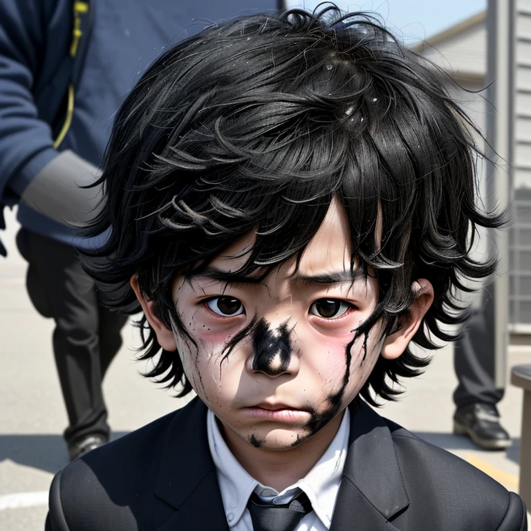 Caught in an explosion、An elementary school boy covered in soot